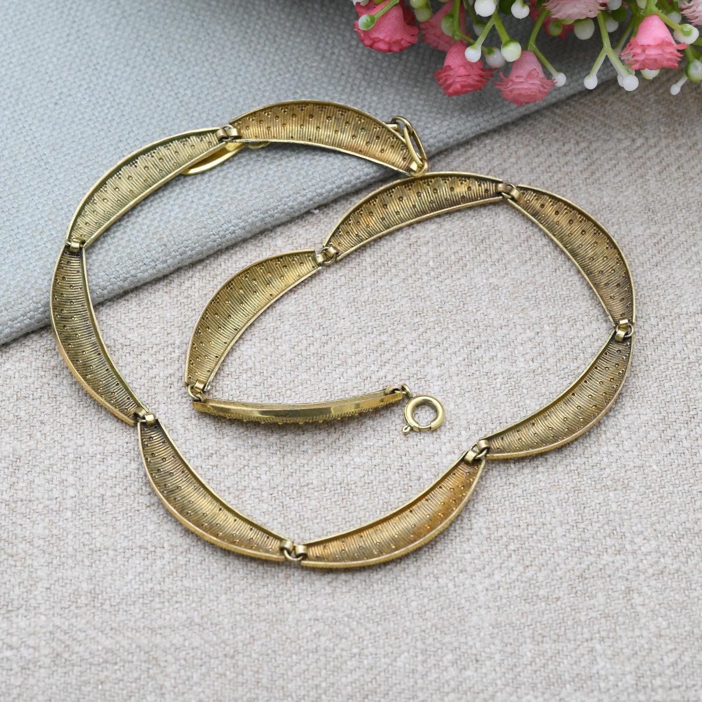 Vintage Americ Rolled Gold Panel Necklace by Kollmar & Jourdan KJ - Mid-Century Textured Jewellery by German Designer