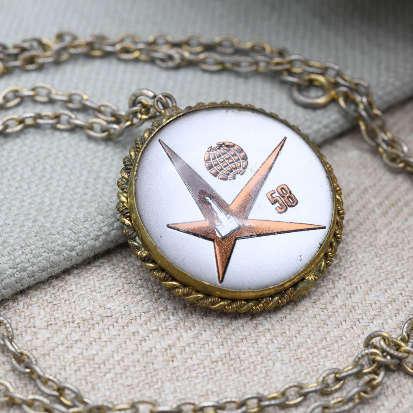 Vintage 1958 Brussels World Fair Atomium Double Sided Bubble Pendant Necklace Expo 58 Souvenir