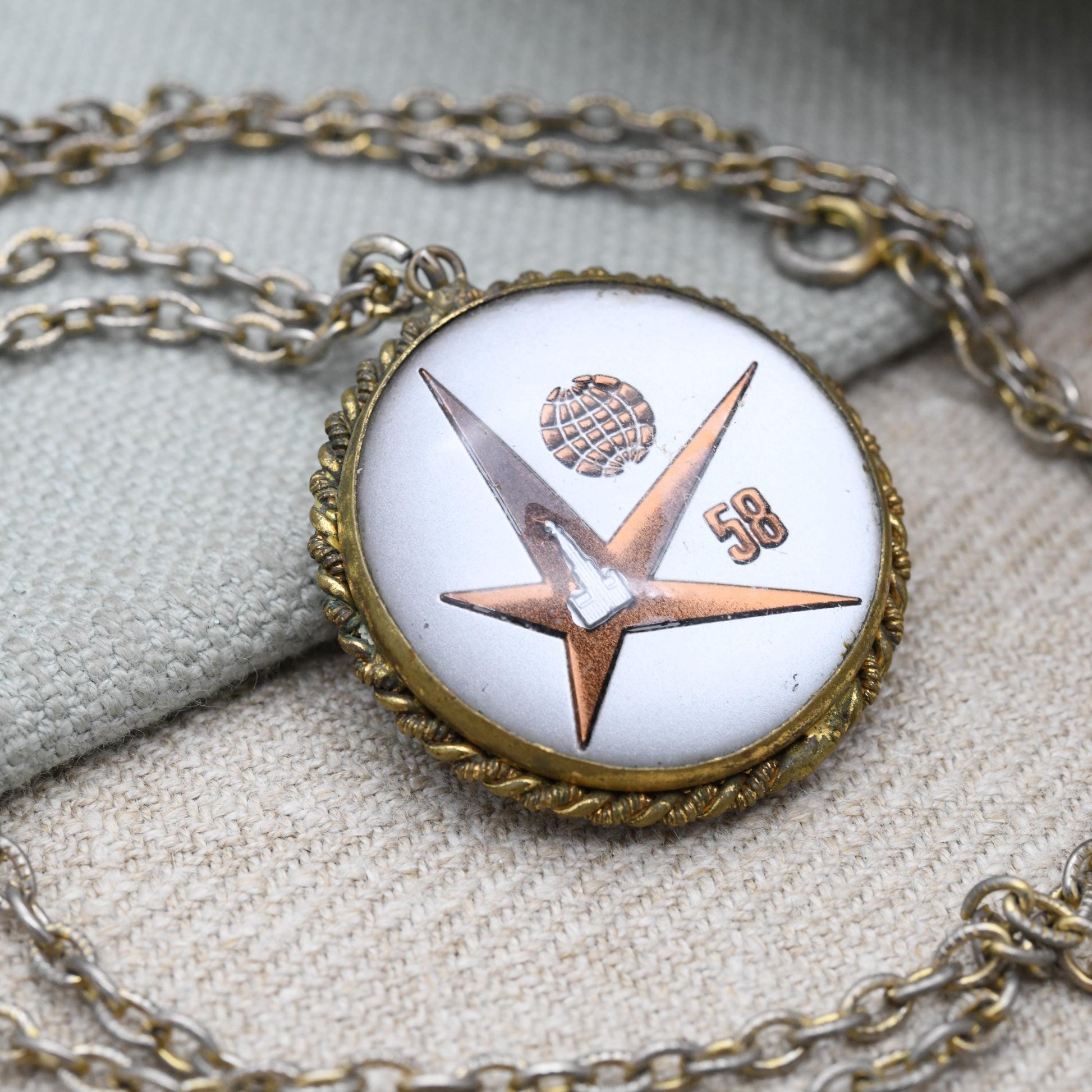 Vintage 1958 Brussels World Fair Atomium Double Sided Bubble Pendant Necklace Expo 58 Souvenir