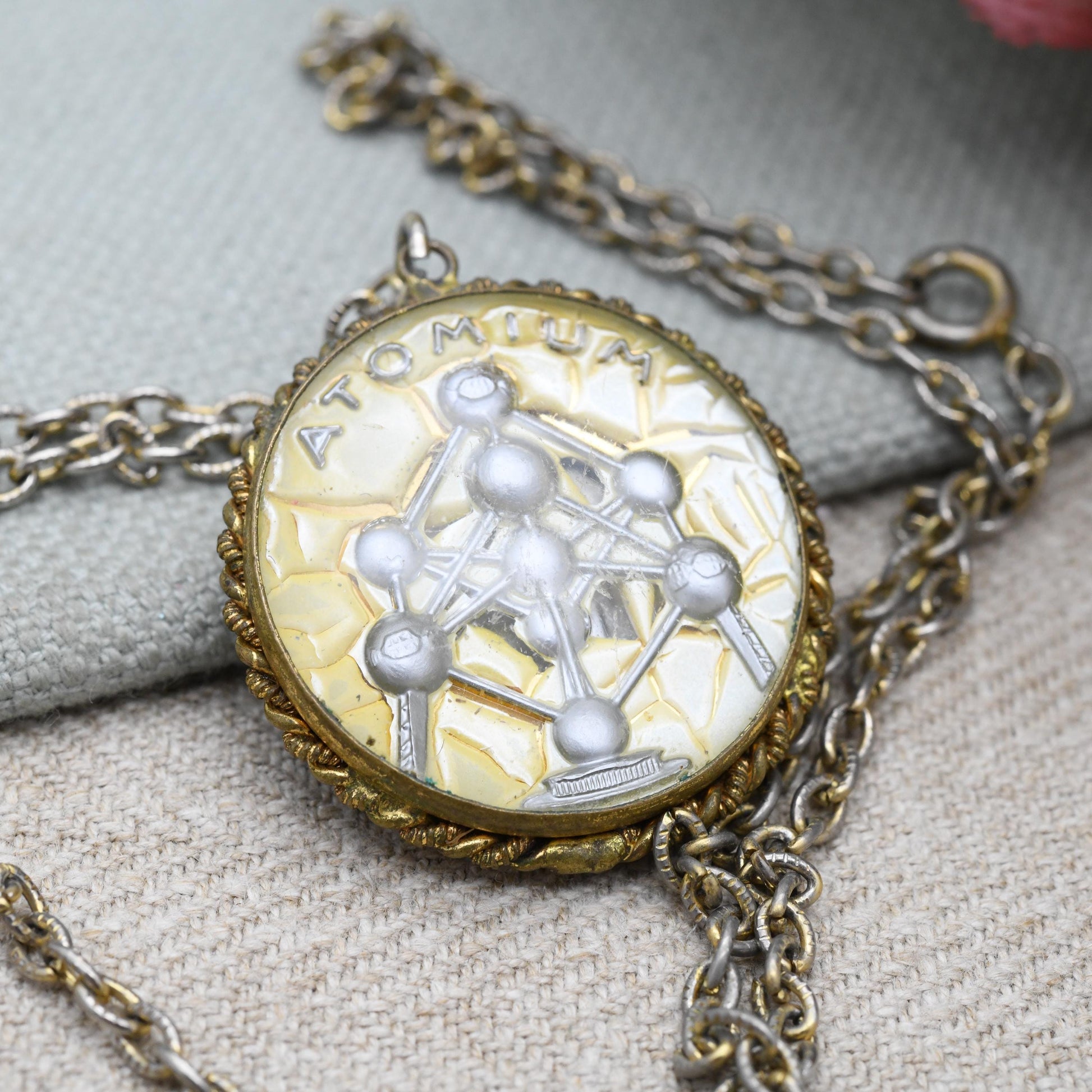Vintage 1958 Brussels World Fair Atomium Double Sided Bubble Pendant Necklace Expo 58 Souvenir