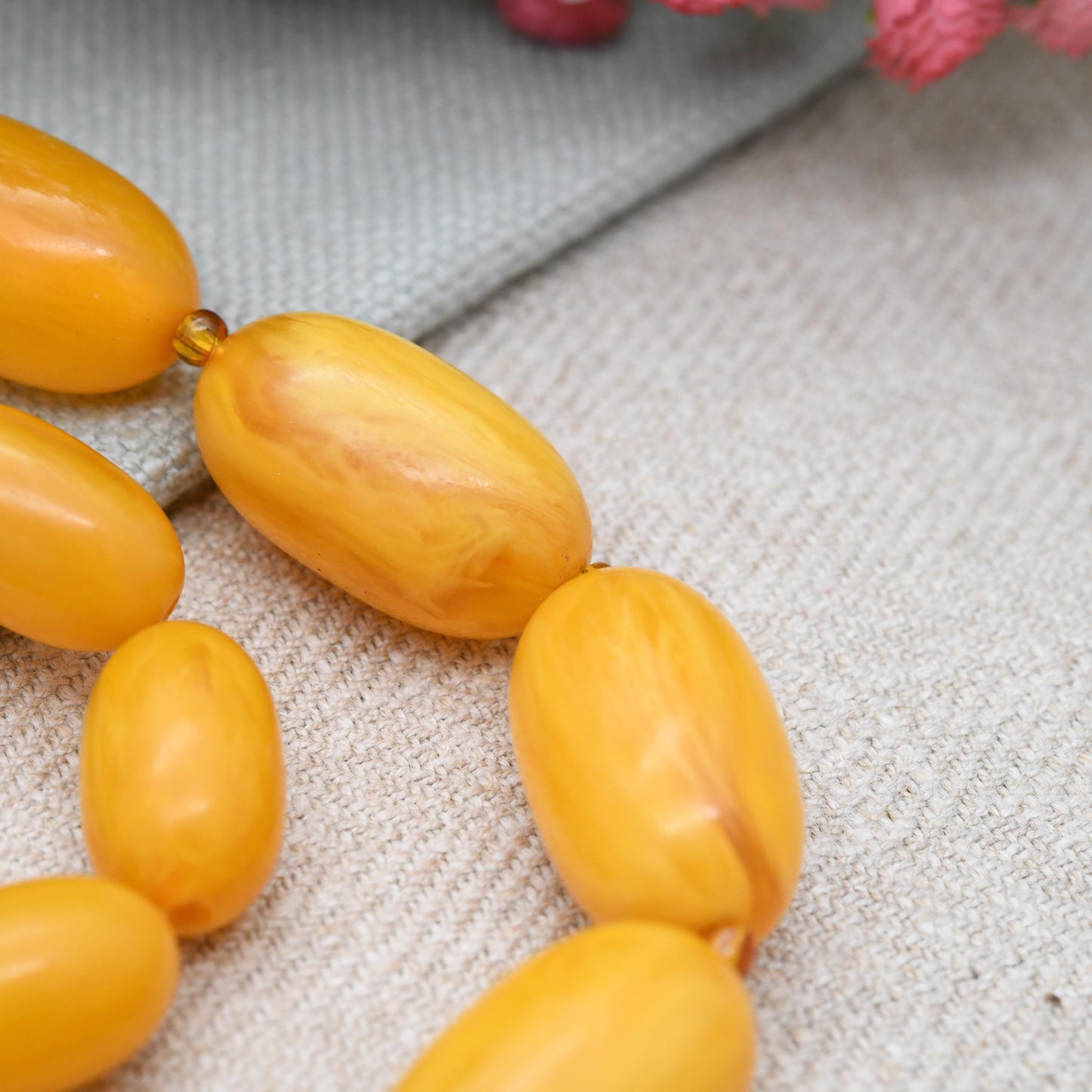 Vintage Butterscotch Bakelite Bead Necklace c. 1930s - Graduated Egg Yolk Yellow with Spacers