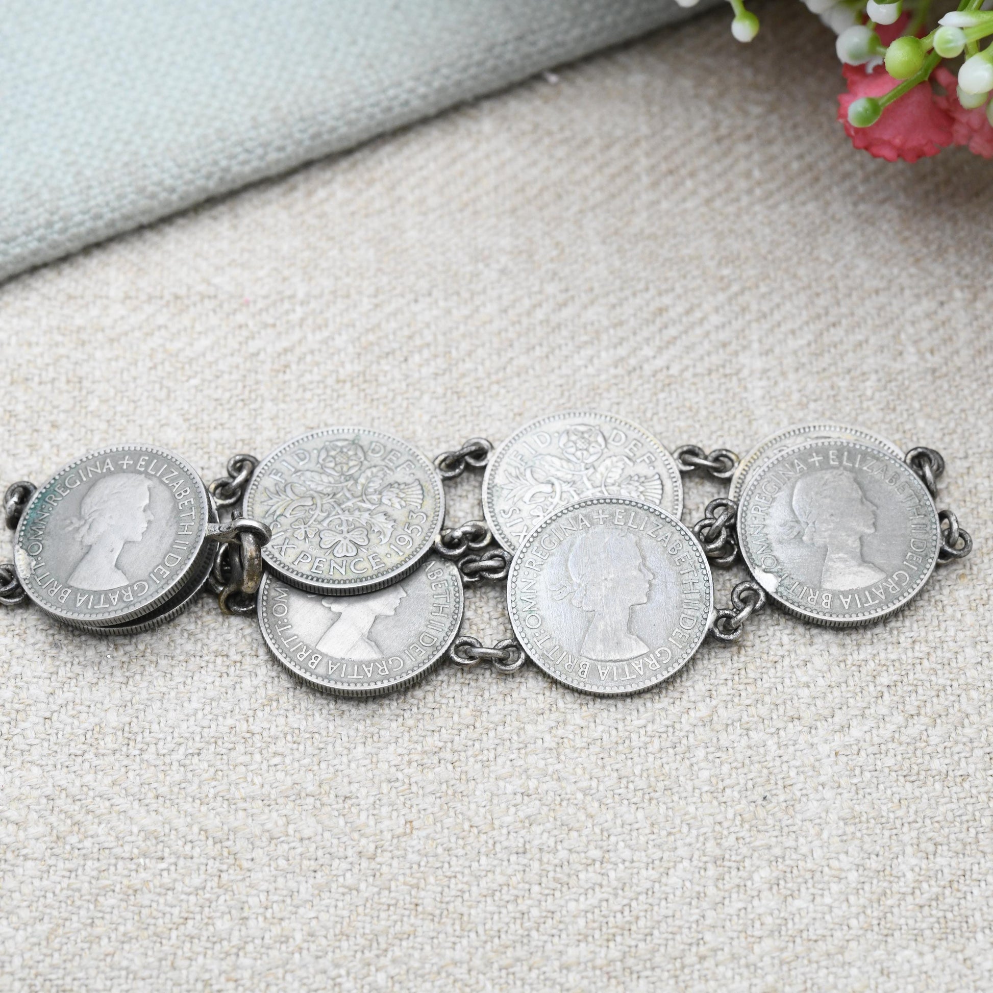 Vintage Elizabeth II 1953 Sixpence Coin Bracelet