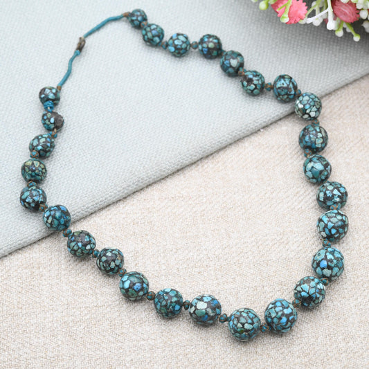 Vintage Mosaic Turquoise Graduated Bead Necklace c. 1950s - Choker Length 16"