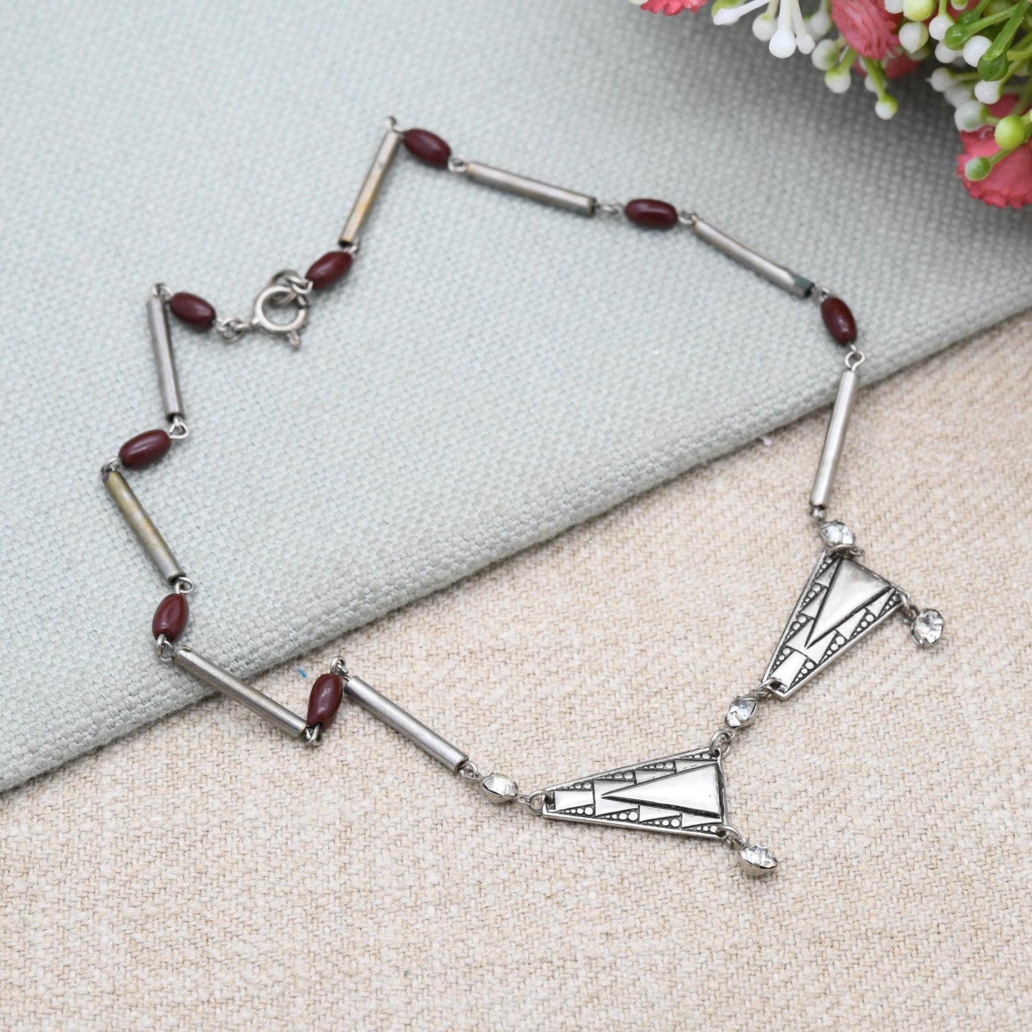 Vintage Art Deco Geometric Necklace Made in Czechoslovakia c. 1930s - Chrome Plated with Glass Beads