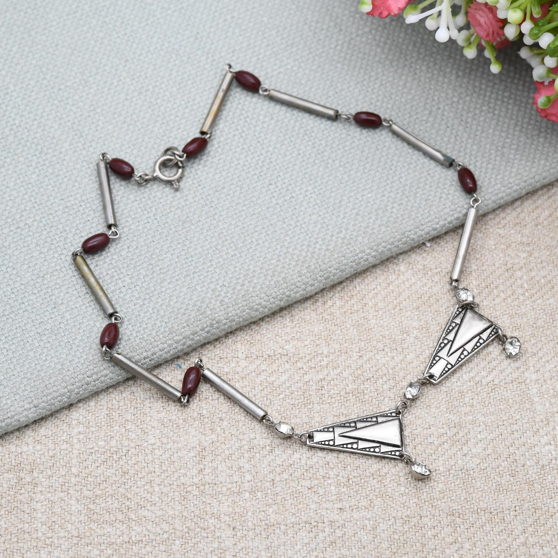 Vintage Art Deco Geometric Necklace Made in Czechoslovakia c. 1930s - Chrome Plated with Glass Beads