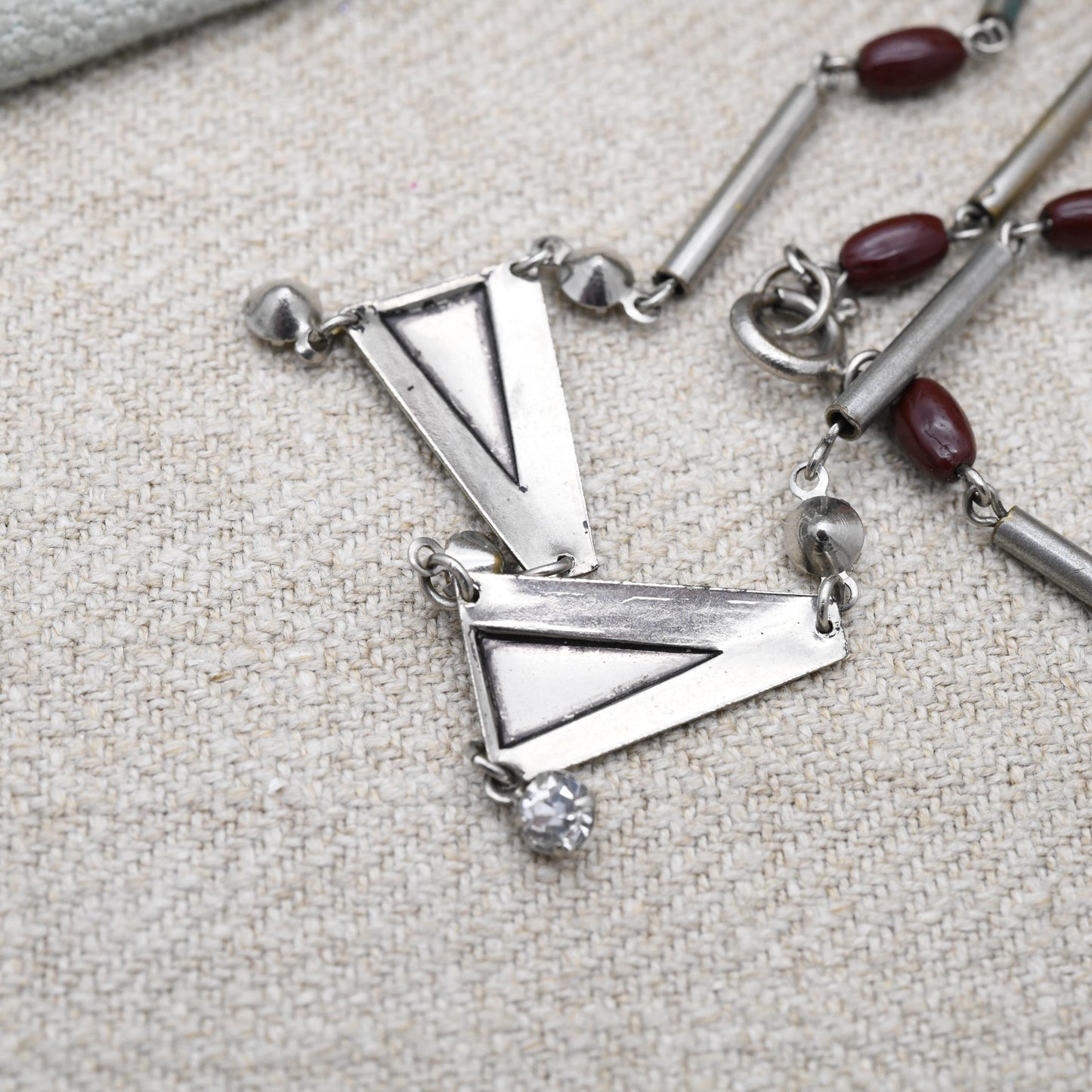 Vintage Art Deco Geometric Necklace Made in Czechoslovakia c. 1930s - Chrome Plated with Glass Beads