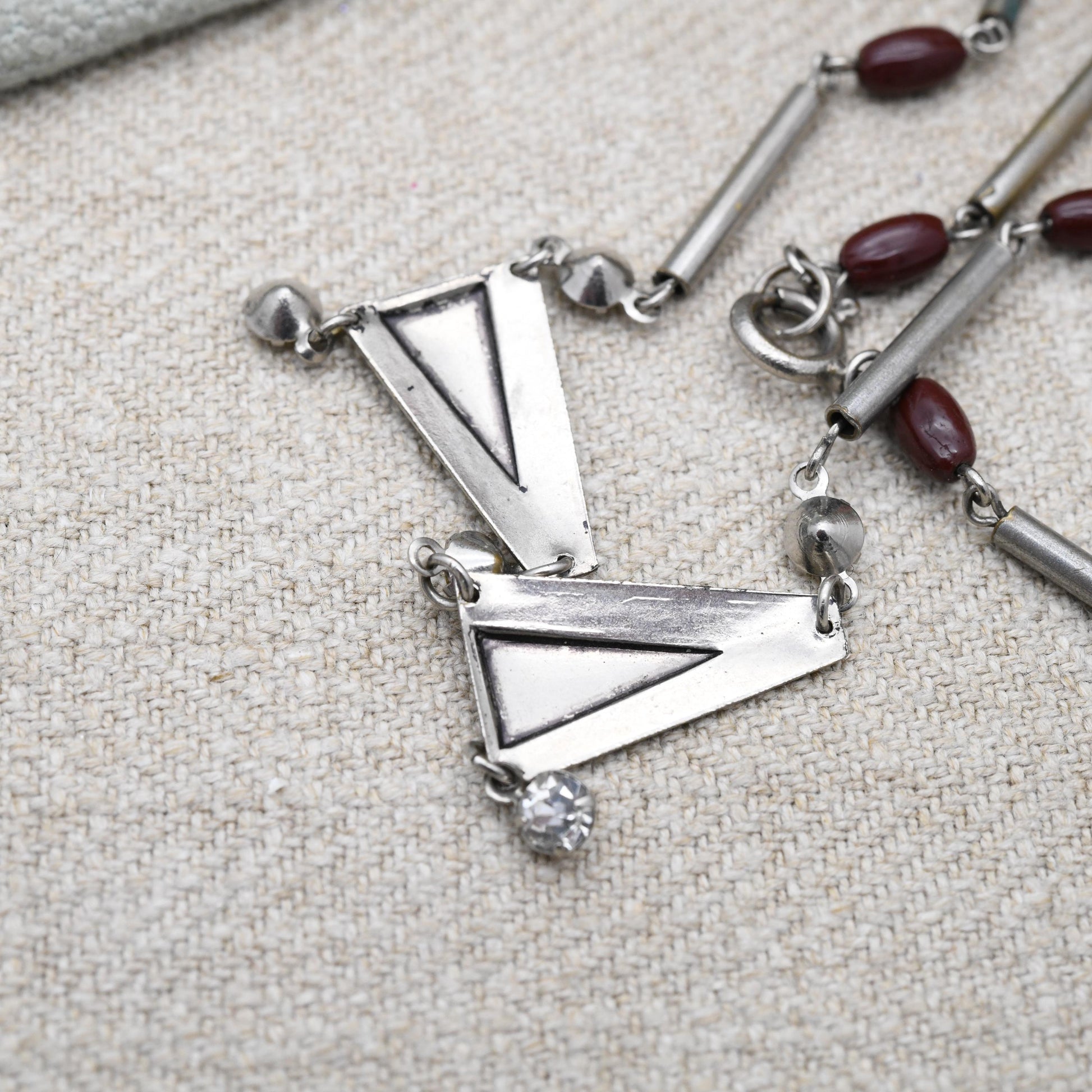 Vintage Art Deco Geometric Necklace Made in Czechoslovakia c. 1930s - Chrome Plated with Glass Beads