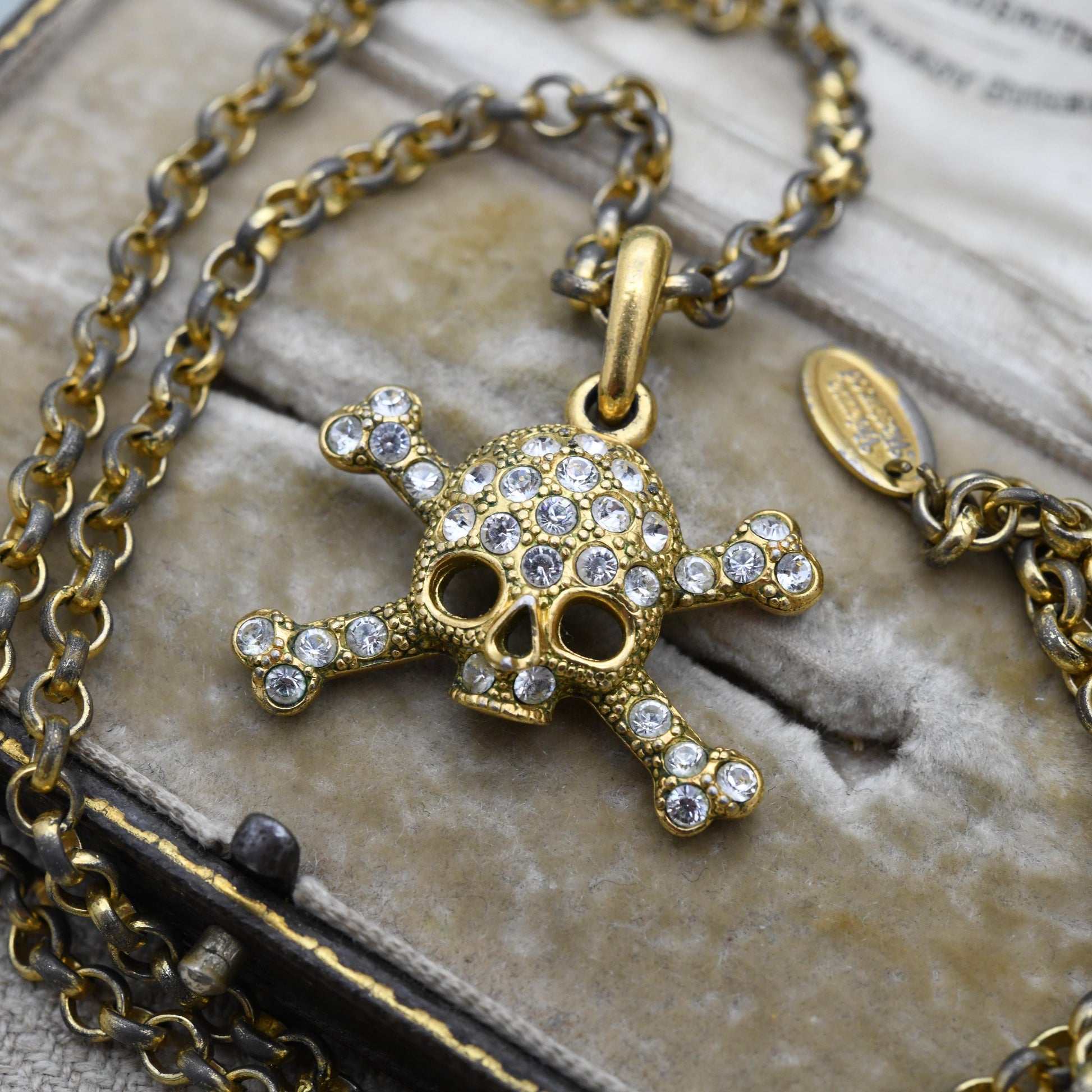 Vintage Vivienne Westwood Gold Plated Crystal Skull and Crossbones Pendant Necklace - c. Y2K Branded Costume Jewellery