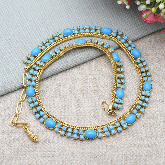 Vintage Pennino Turquoise Glass Necklace Gold Tone with Cabochon and Chaton Stones c. 1960s - Adjustable Length 17"