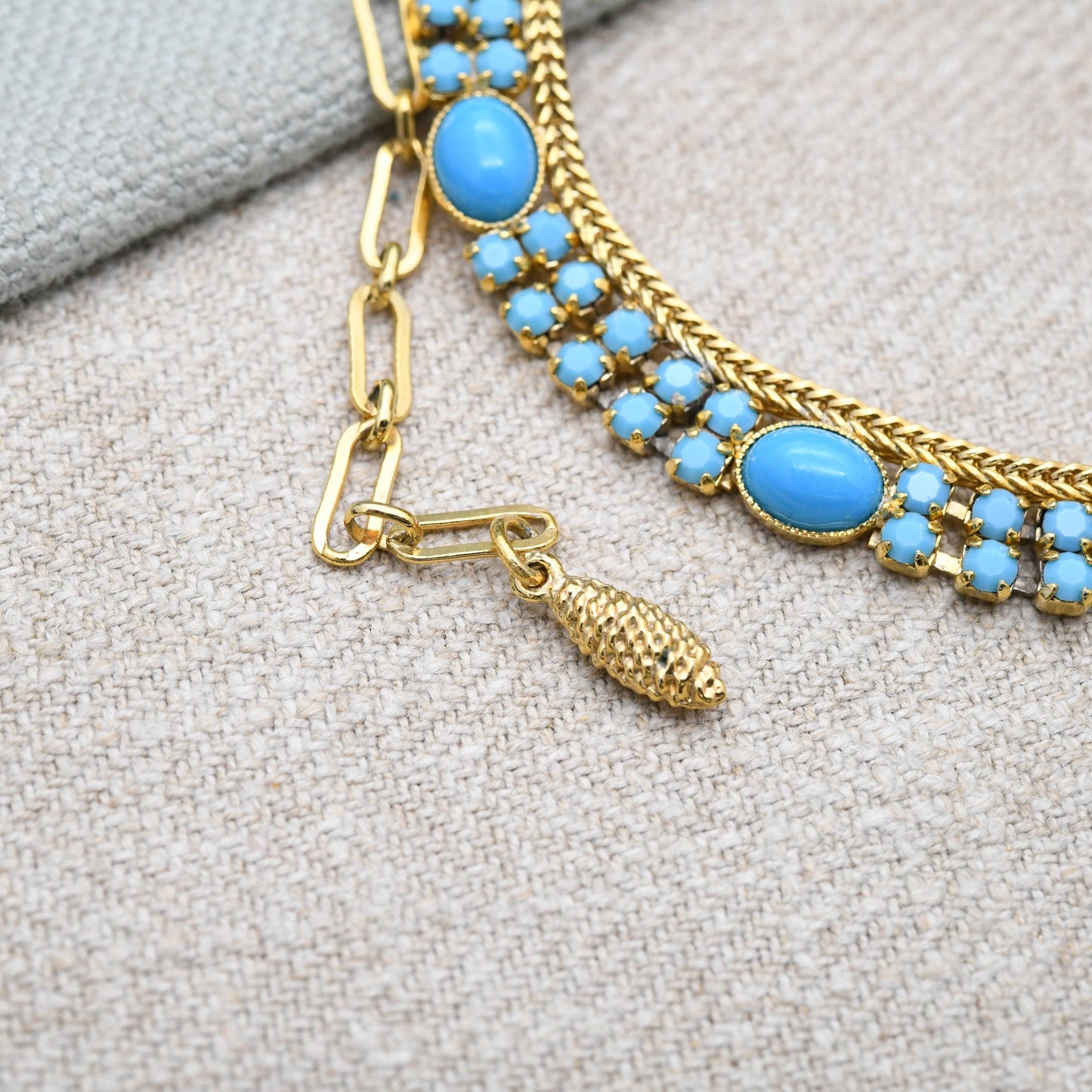 Vintage Pennino Turquoise Glass Necklace Gold Tone with Cabochon and Chaton Stones c. 1960s - Adjustable Length 17"