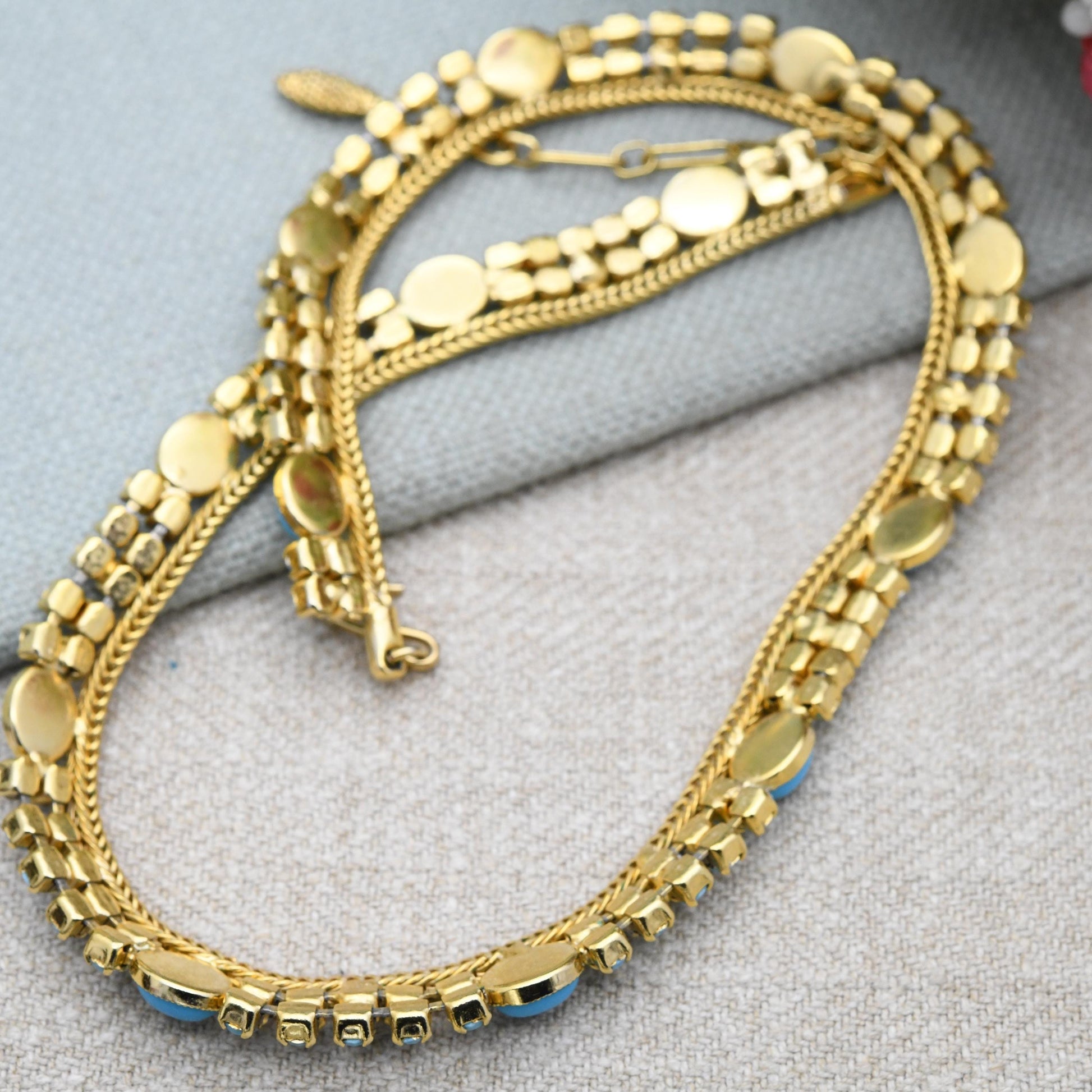 Vintage Pennino Turquoise Glass Necklace Gold Tone with Cabochon and Chaton Stones c. 1960s - Adjustable Length 17"