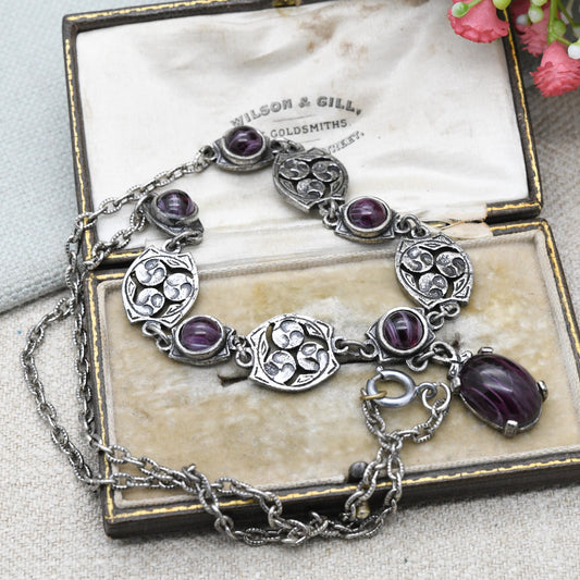 Vintage Miracle Celtic Necklace with Purple Glass Cabochon Stones c. 1980s - Imitation Amethyst