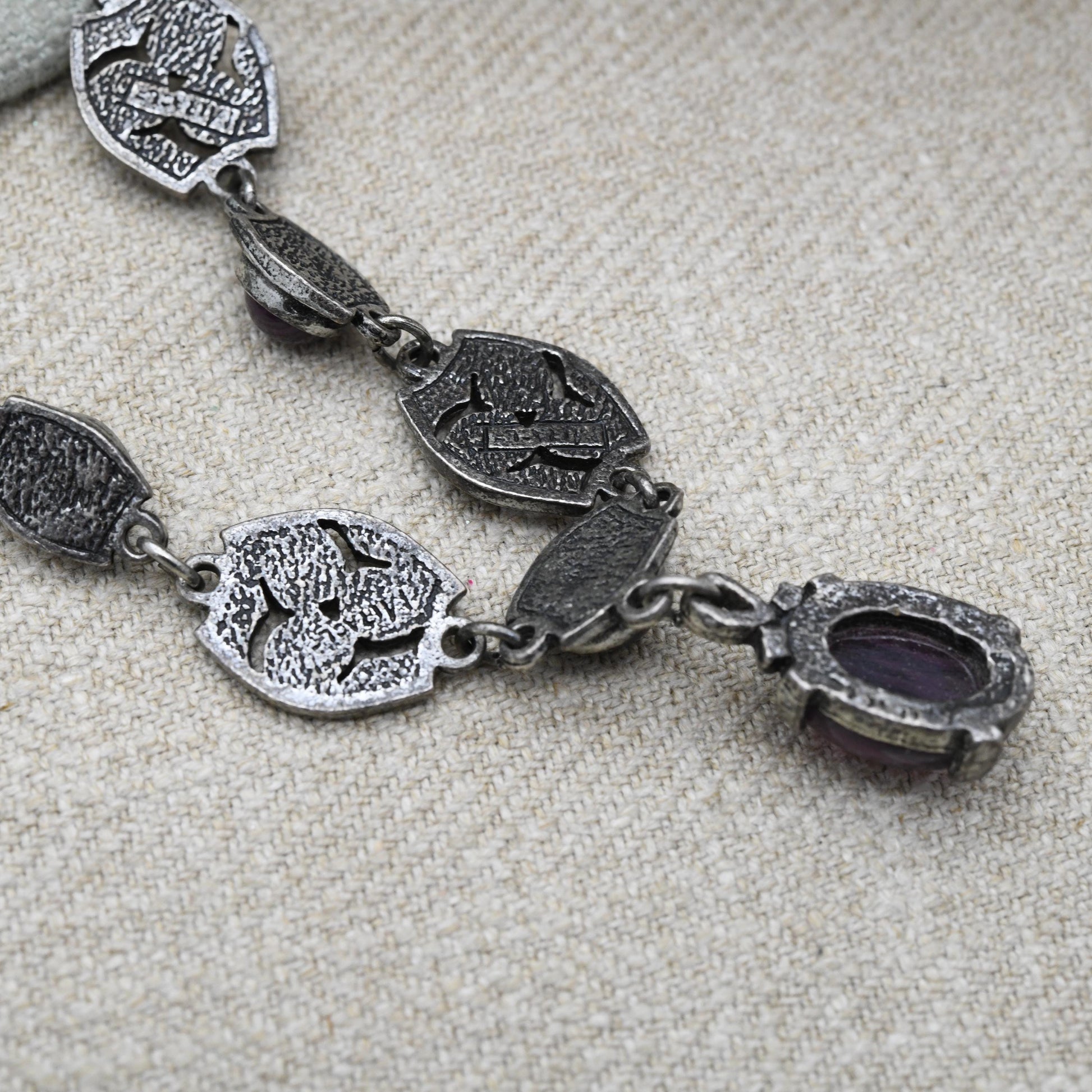 Vintage Miracle Celtic Necklace with Purple Glass Cabochon Stones c. 1980s - Imitation Amethyst