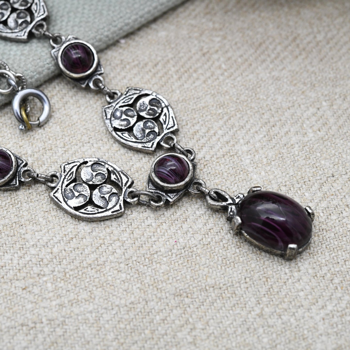 Vintage Miracle Celtic Necklace with Purple Glass Cabochon Stones c. 1980s - Imitation Amethyst