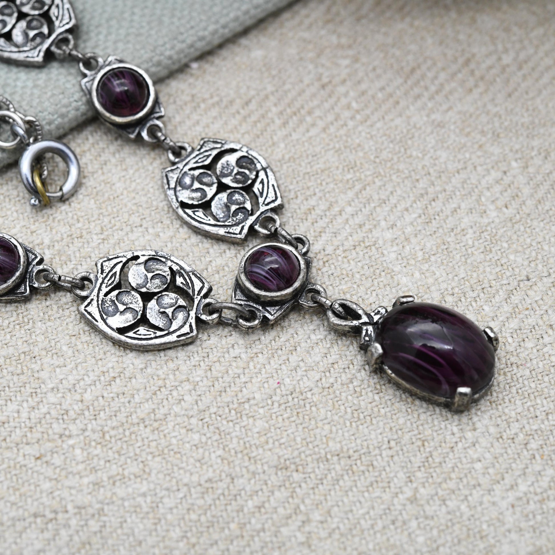 Vintage Miracle Celtic Necklace with Purple Glass Cabochon Stones c. 1980s - Imitation Amethyst