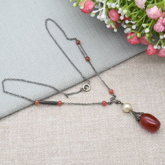 Antique Art Deco Uranium Glass Pendant Drop Necklace with Faux Pearl and Czech Filigree