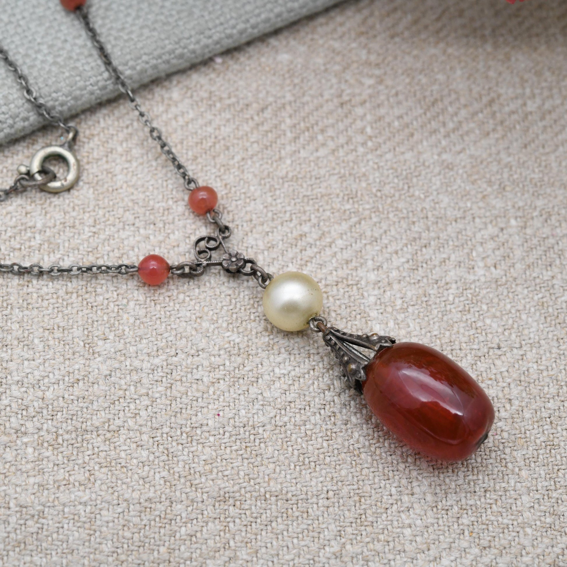 Antique Art Deco Uranium Glass Pendant Drop Necklace with Faux Pearl and Czech Filigree