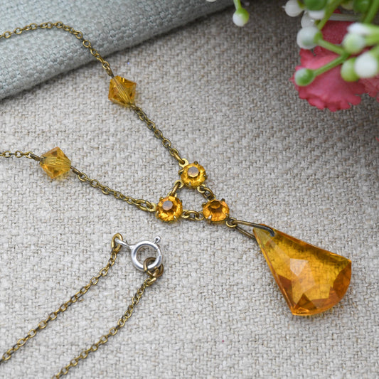 Antique Art Deco Orange Crystal Glass Integral Pendant Necklace c. 1920s