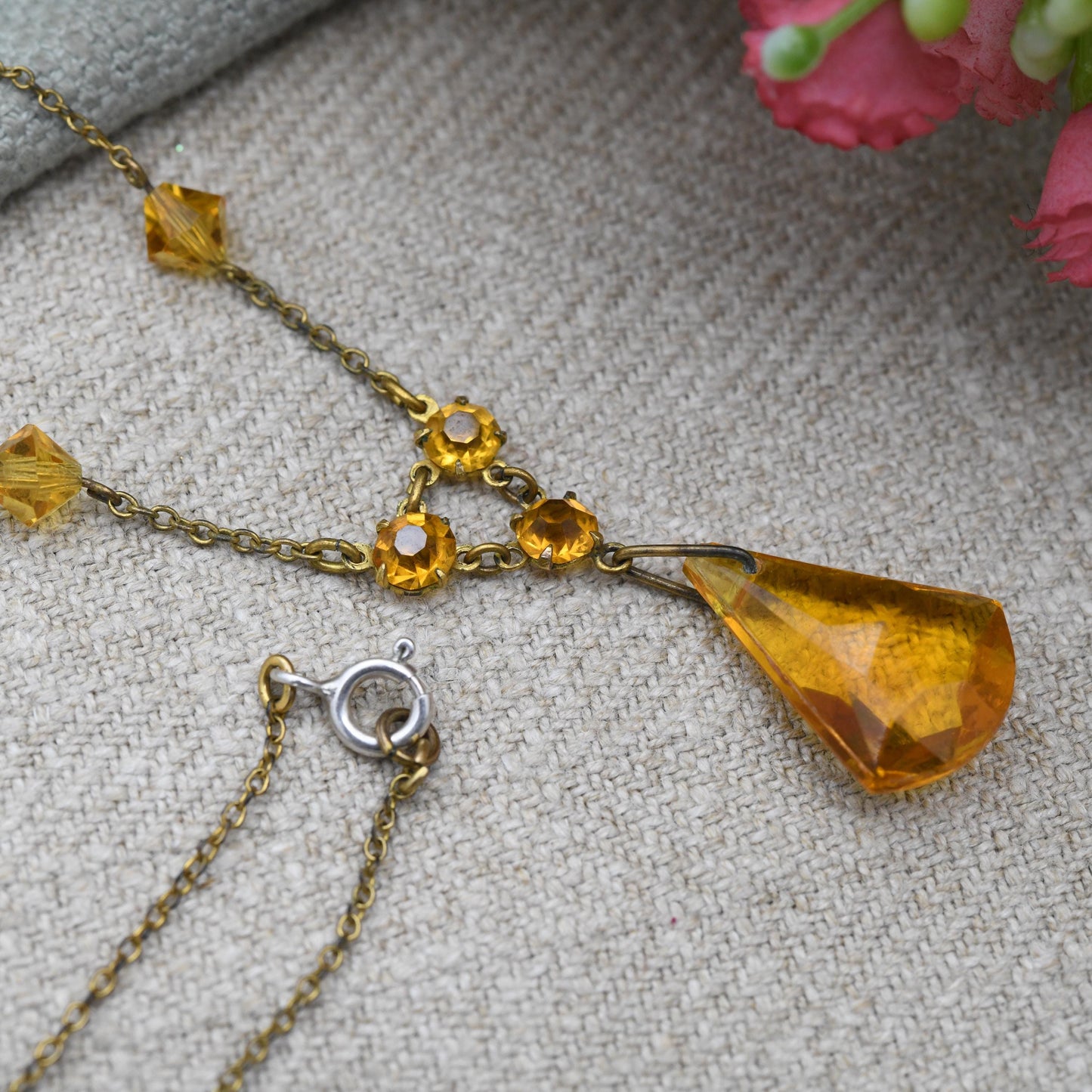 Antique Art Deco Orange Crystal Glass Integral Pendant Necklace c. 1920s