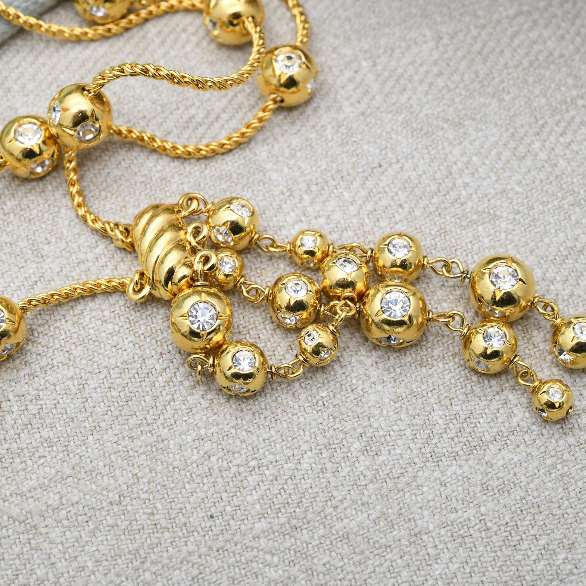 Vintage Swarovski Crystal Ball and Tassel Drop Necklace - Statement Designer Gold Tone Jewellery