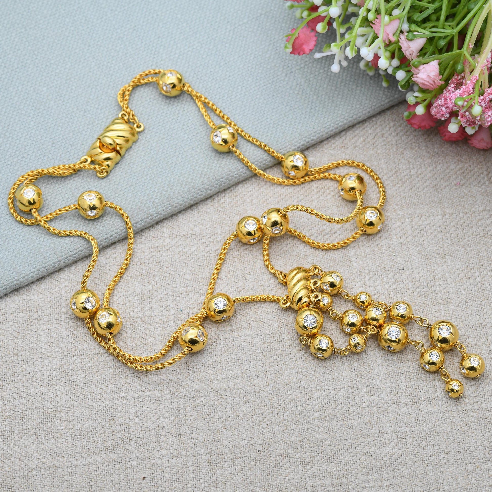 Vintage Swarovski Crystal Ball and Tassel Drop Necklace - Statement Designer Gold Tone Jewellery