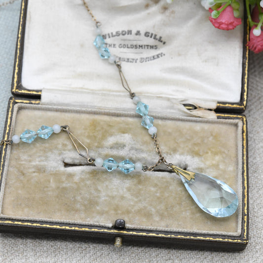 Antique Art Deco Blue Glass Drop Pendant Necklace c. 1920s