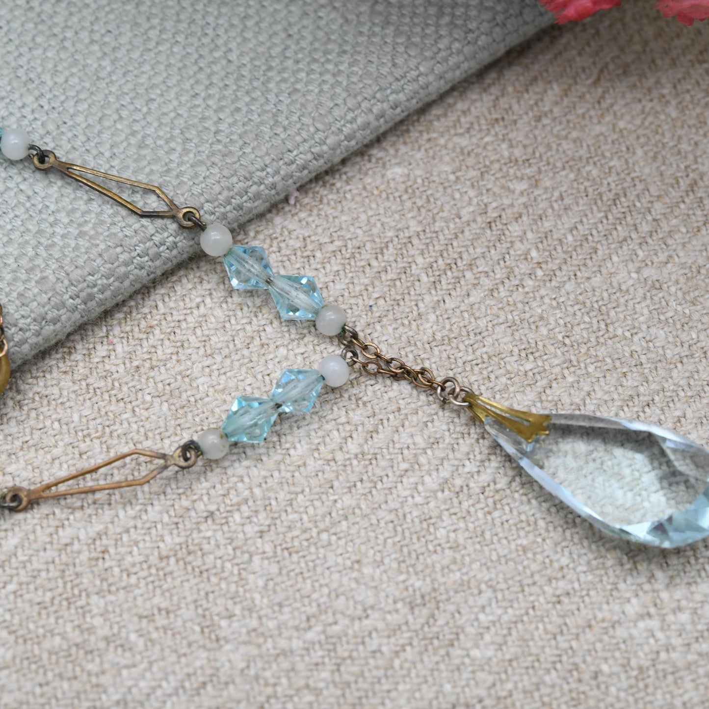 Antique Art Deco Blue Glass Drop Pendant Necklace c. 1920s