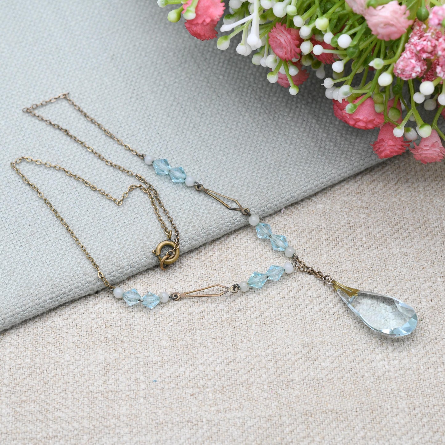 Antique Art Deco Blue Glass Drop Pendant Necklace c. 1920s