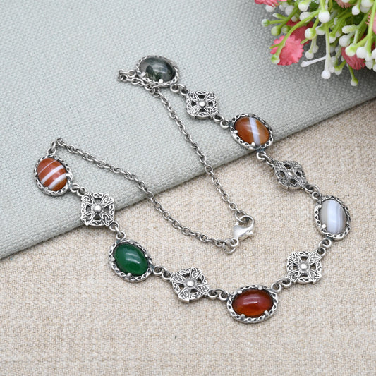 Vintage Sterling Silver Scottish Gemstone Necklace with Cabochon Stones and Celtic Shields - Moss Agate Chrysoprase Carnelian Banded Agate