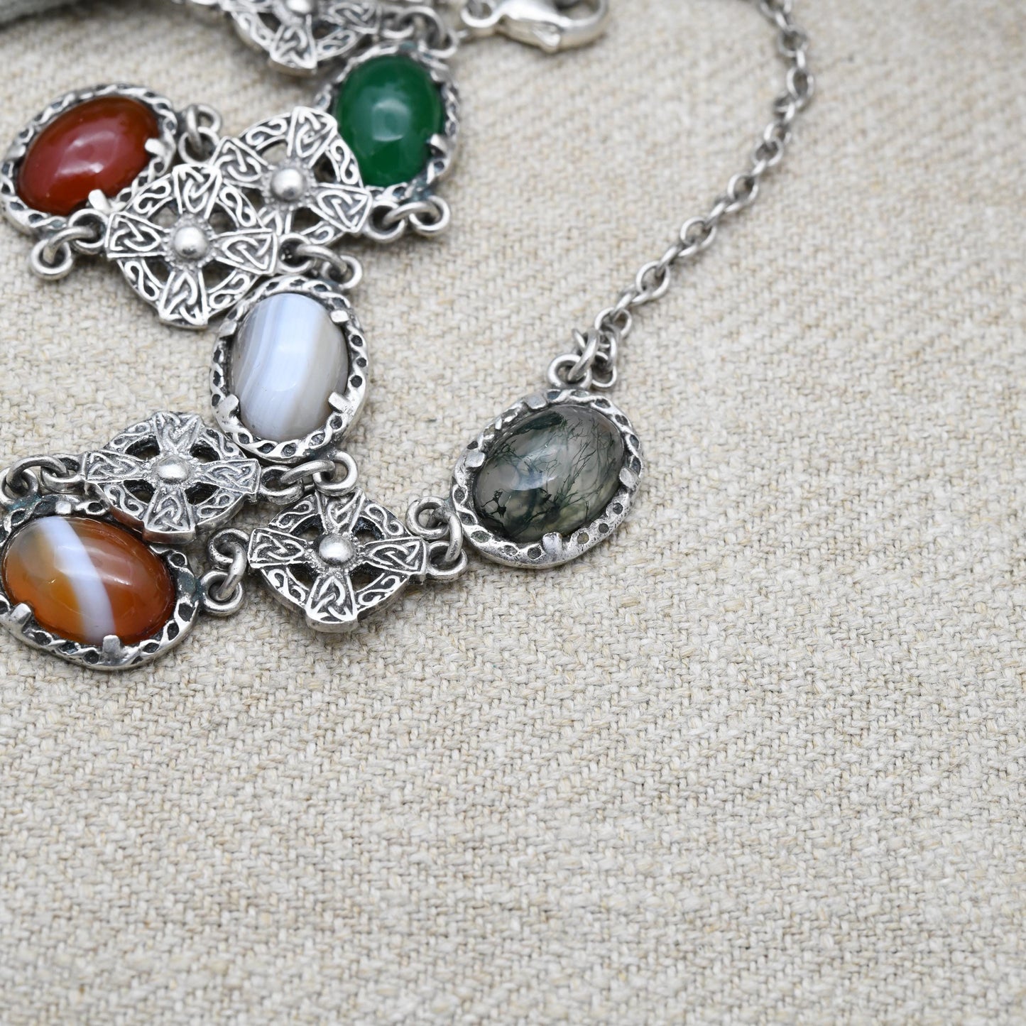 Vintage Sterling Silver Scottish Gemstone Necklace with Cabochon Stones and Celtic Shields - Moss Agate Chrysoprase Carnelian Banded Agate