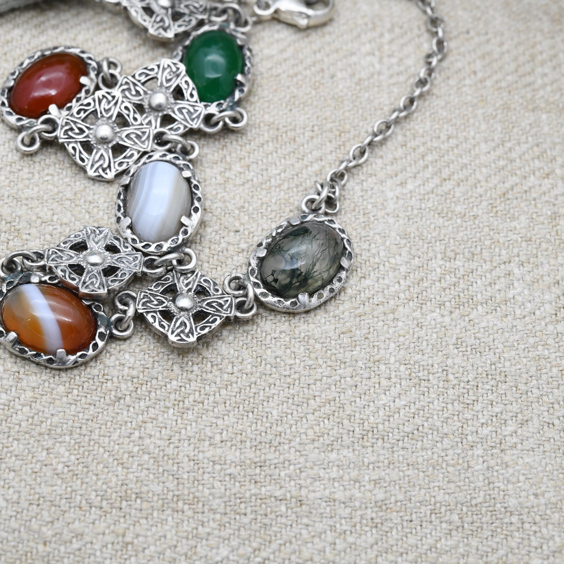 Vintage Sterling Silver Scottish Gemstone Necklace with Cabochon Stones and Celtic Shields - Moss Agate Chrysoprase Carnelian Banded Agate