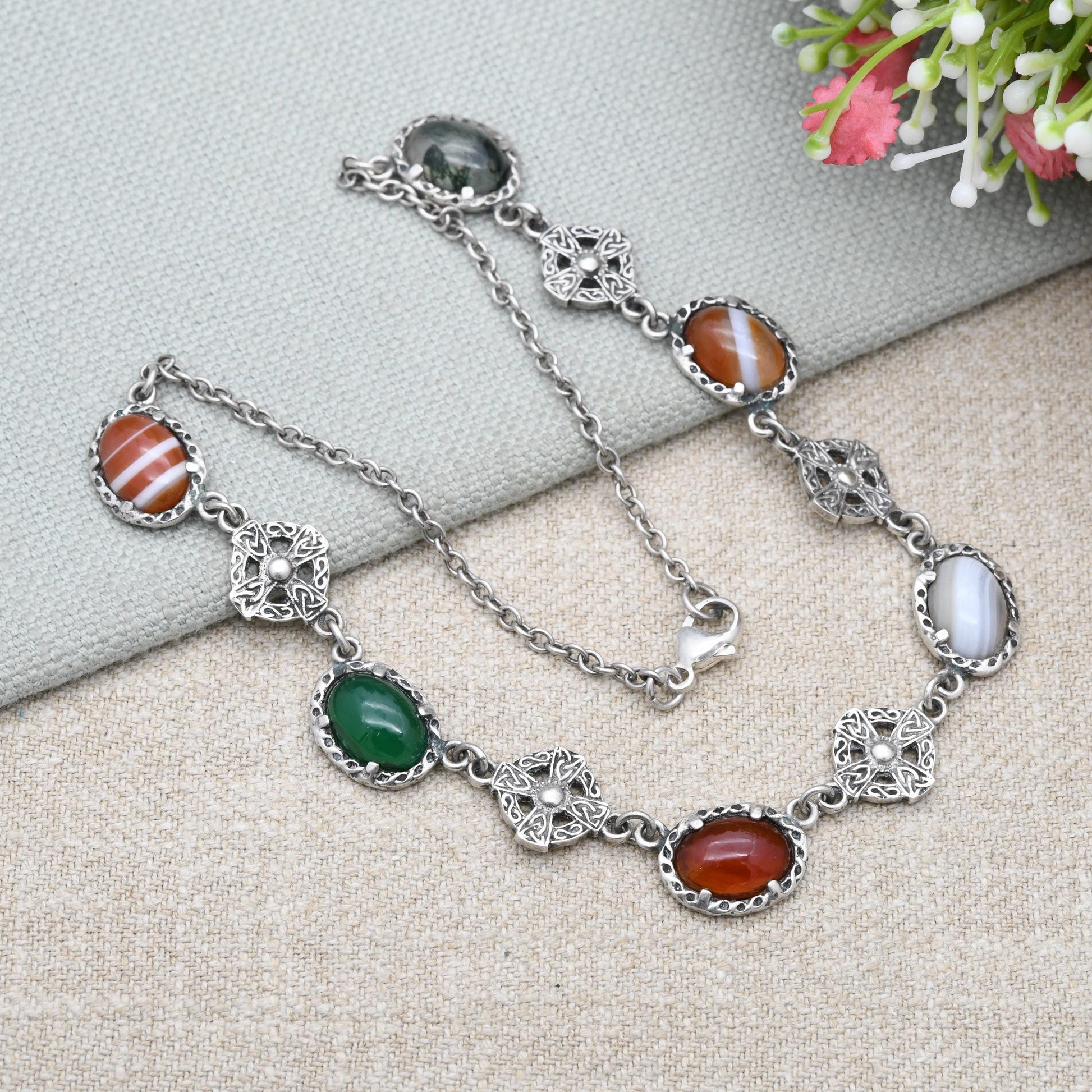 Vintage Sterling Silver Scottish Gemstone Necklace with Cabochon Stones and Celtic Shields - Moss Agate Chrysoprase Carnelian Banded Agate