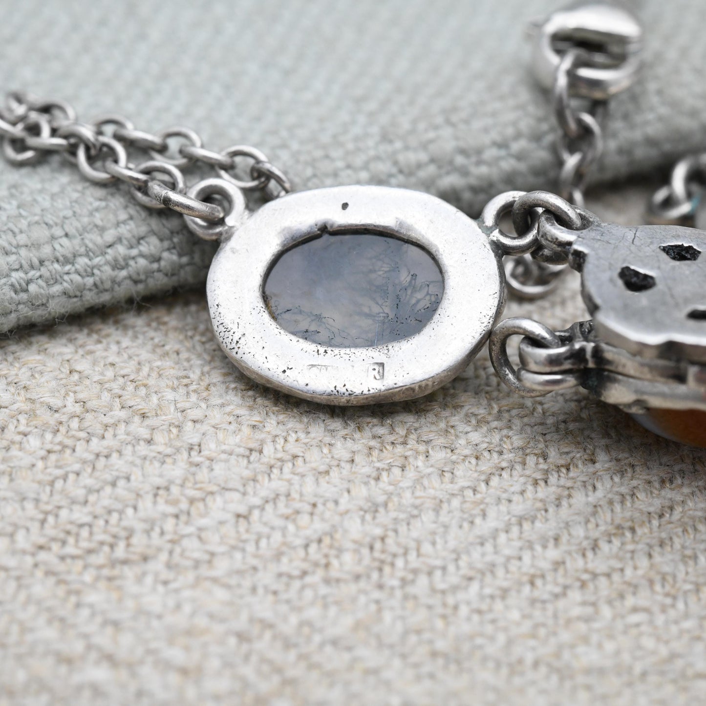 Vintage Sterling Silver Scottish Gemstone Necklace with Cabochon Stones and Celtic Shields - Moss Agate Chrysoprase Carnelian Banded Agate