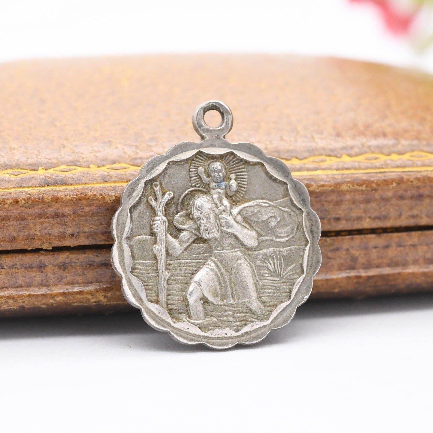 Vintage Sterling Silver St. Christopher Pendant - Embossed Relief | Ridged Border | Circle | Saint of Travelling | Religious Jewellery