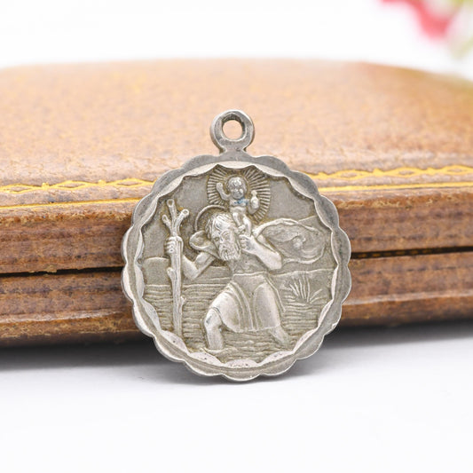 Vintage Sterling Silver St. Christopher Pendant - Embossed Relief | Ridged Border | Circle | Saint of Travelling | Religious Jewellery