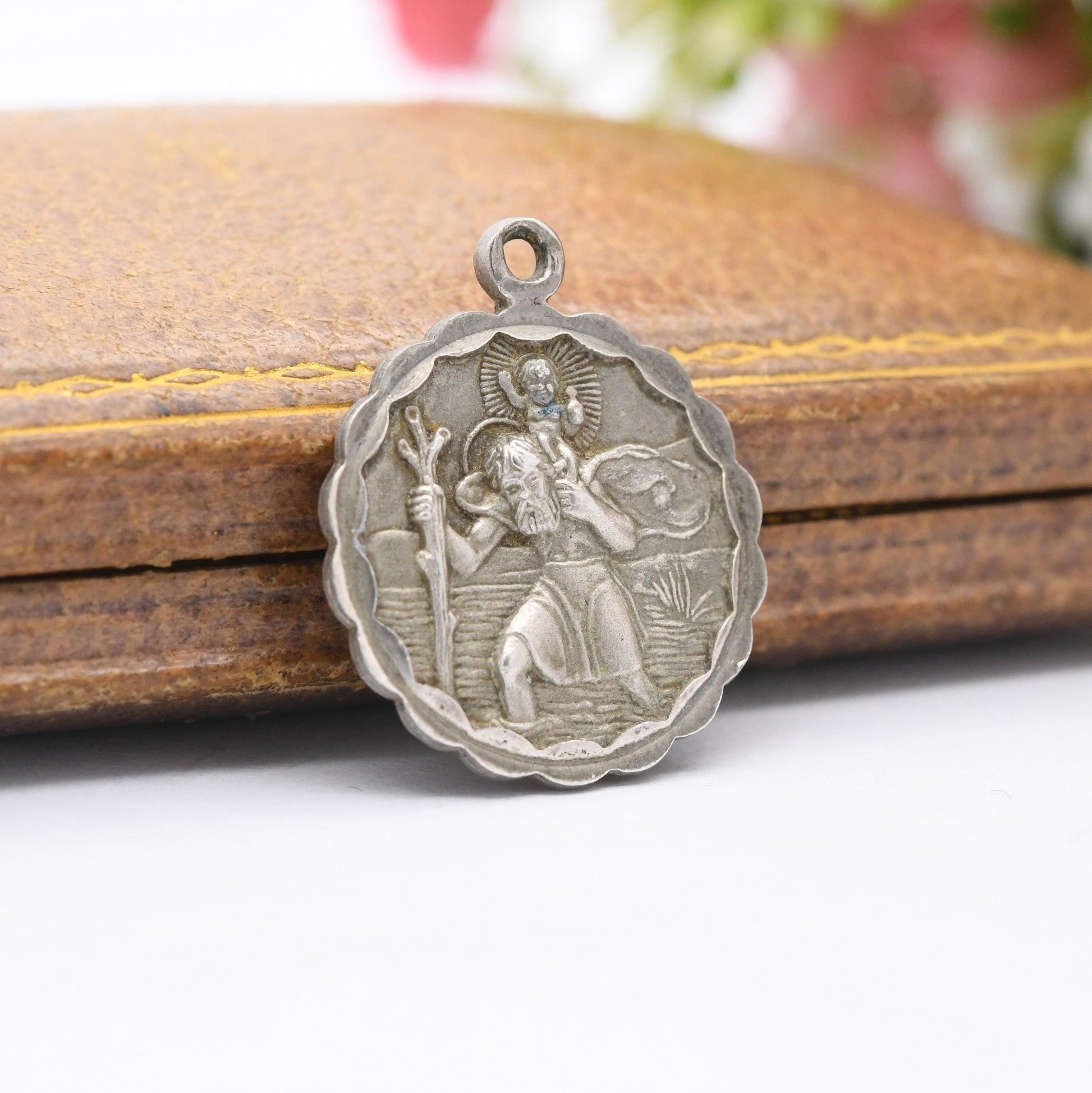 Vintage Sterling Silver St. Christopher Pendant - Embossed Relief | Ridged Border | Circle | Saint of Travelling | Religious Jewellery