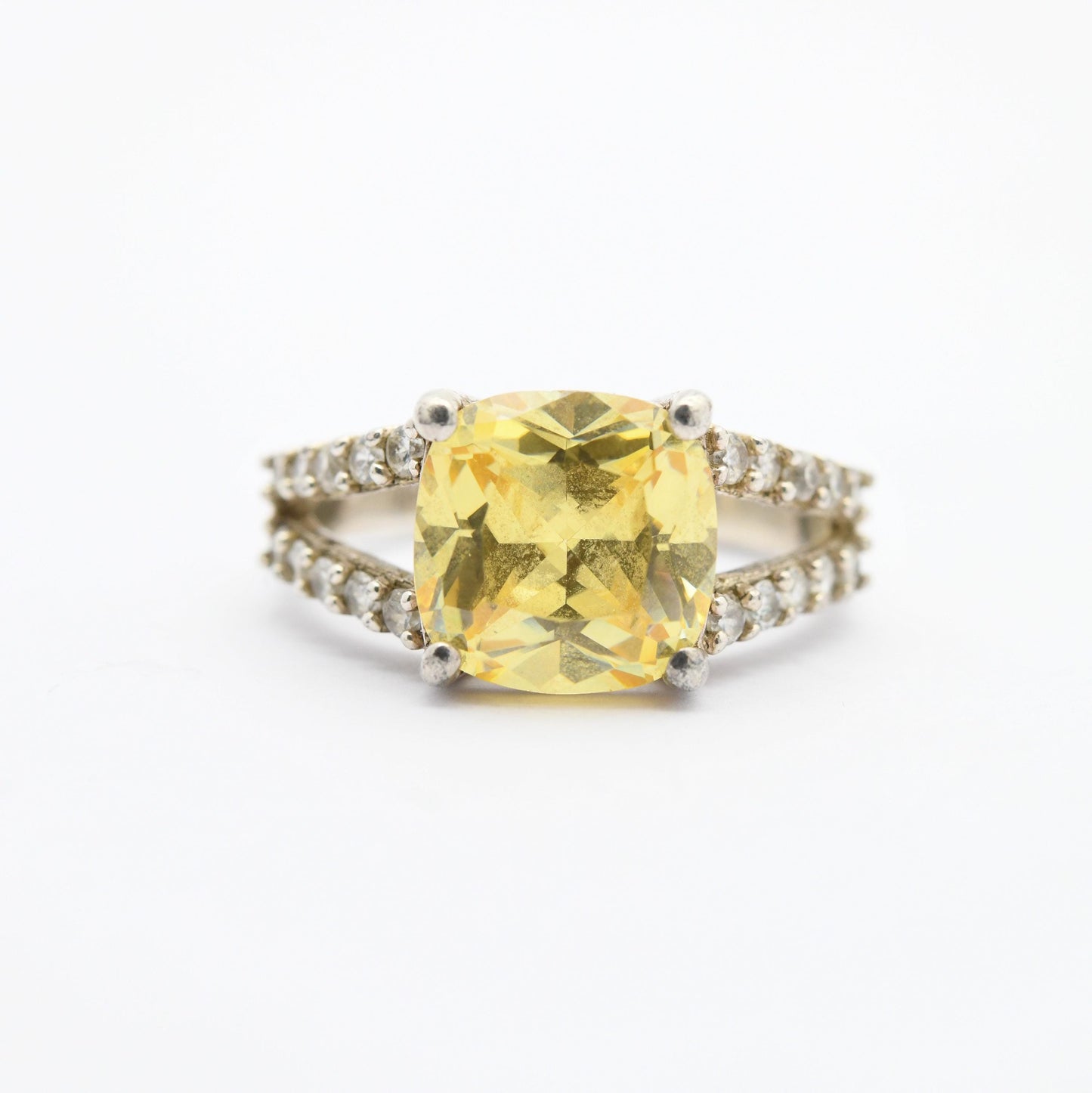 Vintage Sterling Silver Yellow CZ Stone Ring - Clear Stone Decoration | Pretty Gift for Her | UK Size - O | US Size - 7 1/4