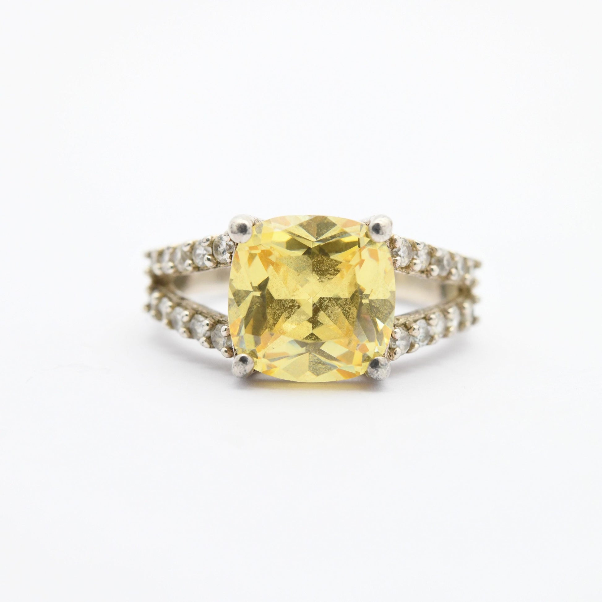 Vintage Sterling Silver Yellow CZ Stone Ring - Clear Stone Decoration | Pretty Gift for Her | UK Size - O | US Size - 7 1/4
