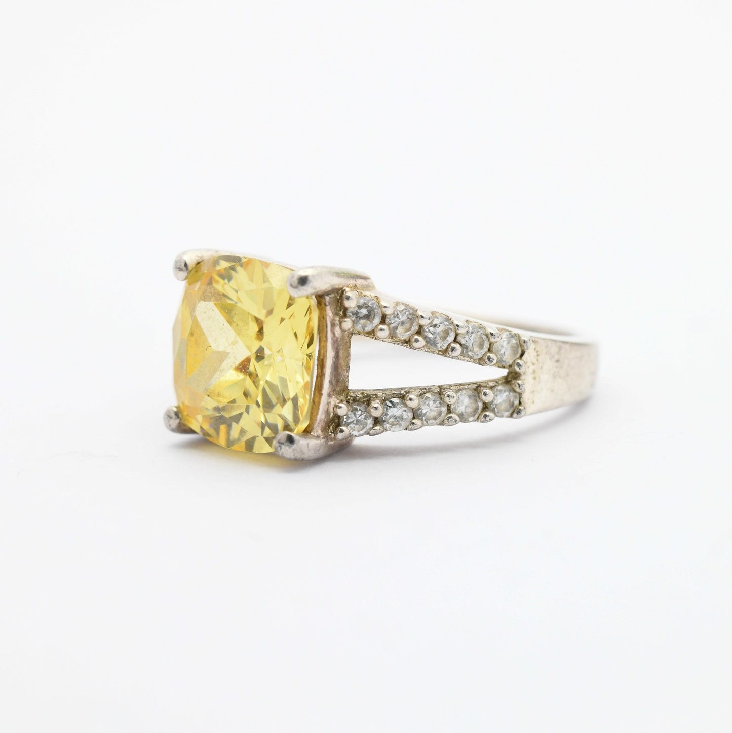 Vintage Sterling Silver Yellow CZ Stone Ring - Clear Stone Decoration | Pretty Gift for Her | UK Size - O | US Size - 7 1/4
