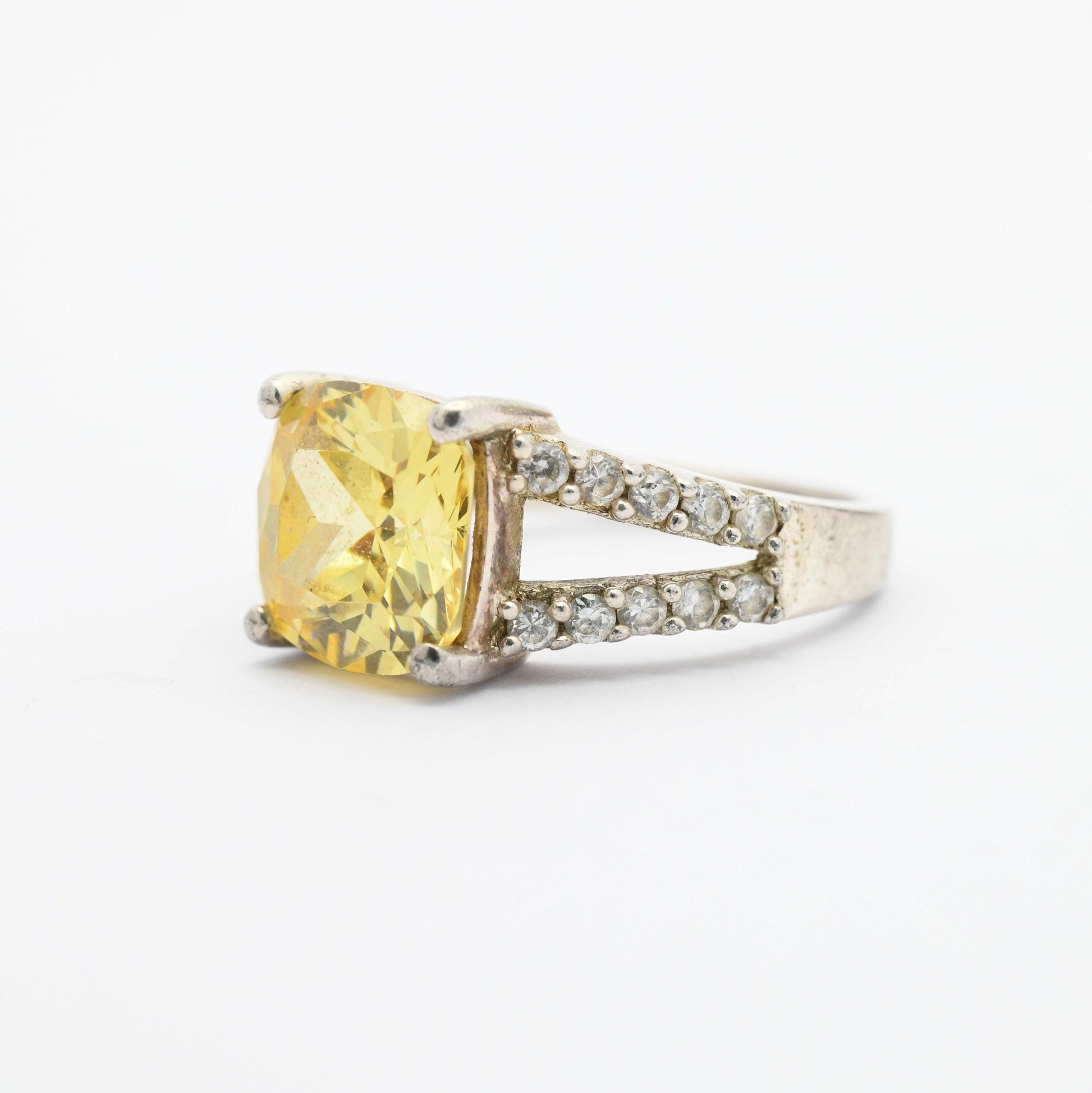 Vintage Sterling Silver Yellow CZ Stone Ring - Clear Stone Decoration | Pretty Gift for Her | UK Size - O | US Size - 7 1/4