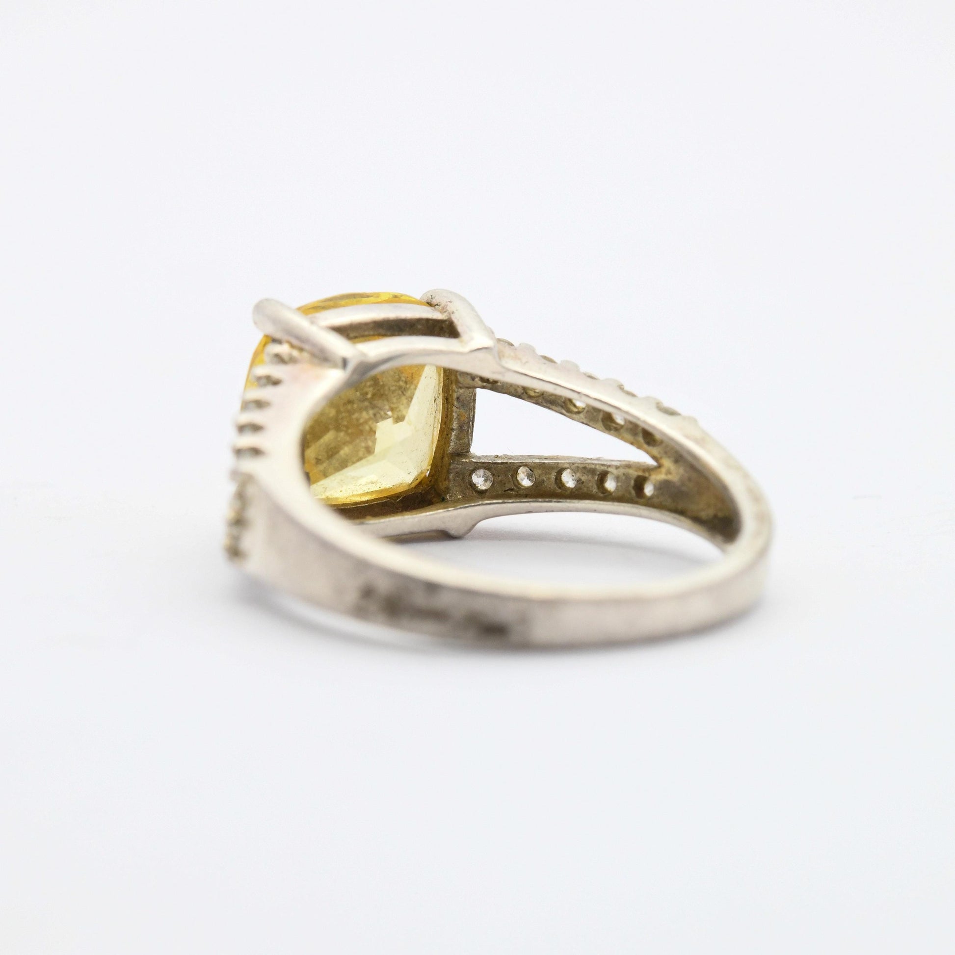 Vintage Sterling Silver Yellow CZ Stone Ring - Clear Stone Decoration | Pretty Gift for Her | UK Size - O | US Size - 7 1/4