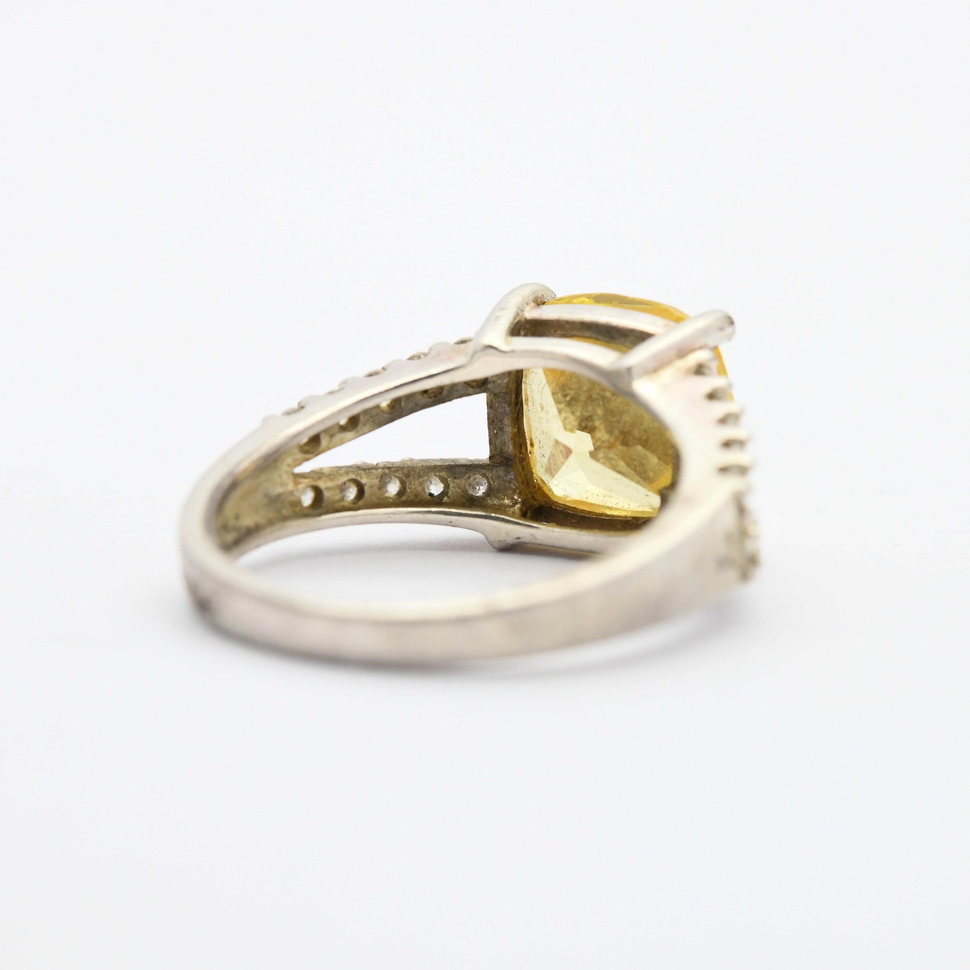 Vintage Sterling Silver Yellow CZ Stone Ring - Clear Stone Decoration | Pretty Gift for Her | UK Size - O | US Size - 7 1/4