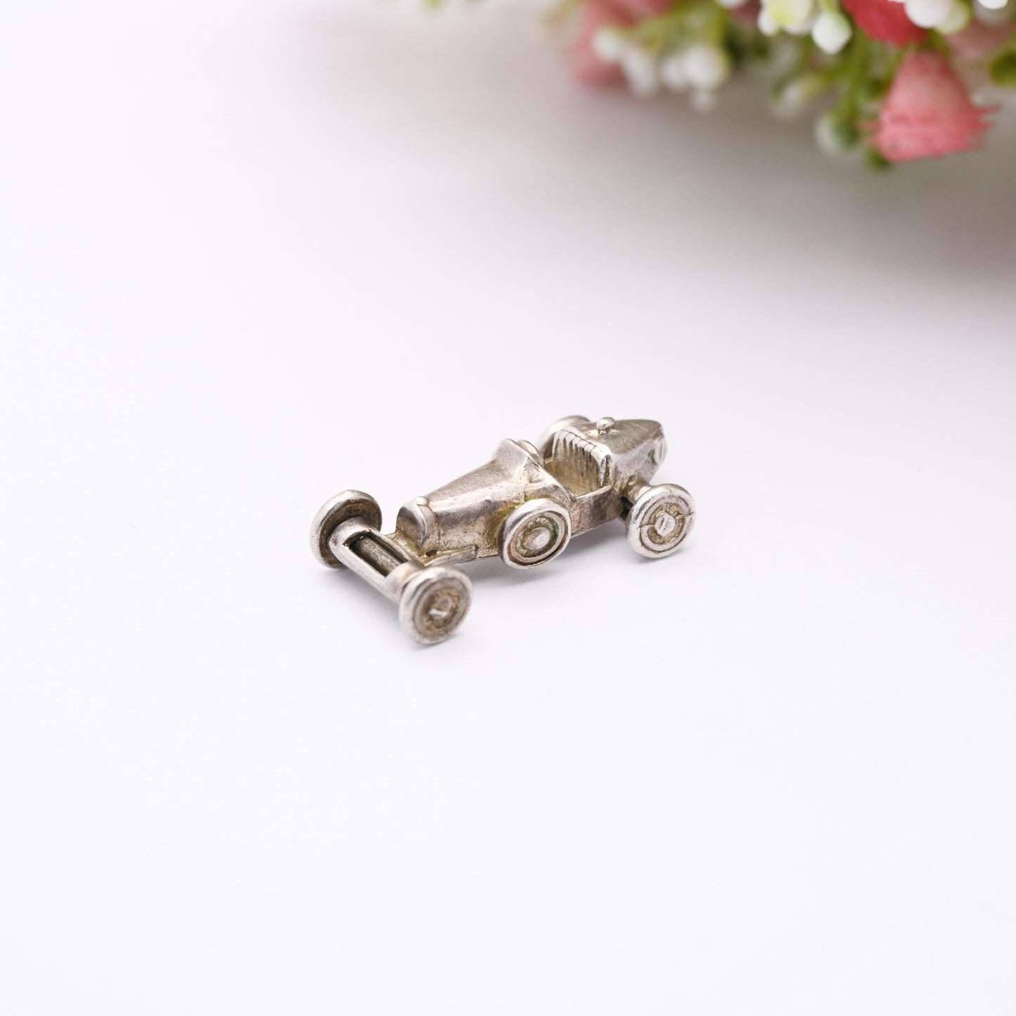 Vintage Sterling Silver Old Race Car Charm Pendant - Formula 1 Car Charm | Moving Wheels | Gift for Charm Bracelet