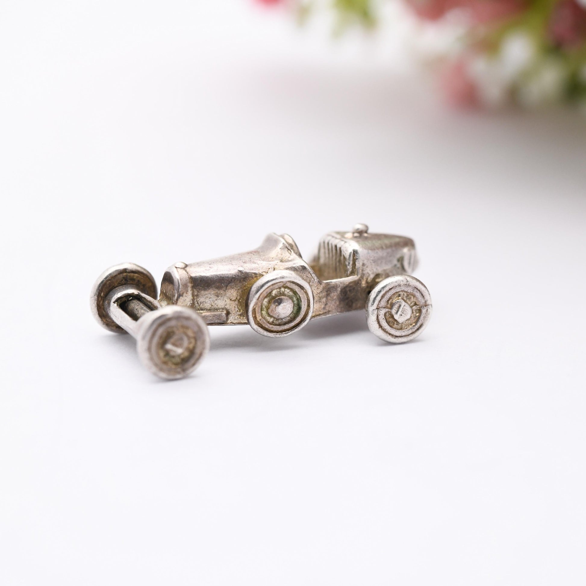 Vintage Sterling Silver Old Race Car Charm Pendant - Formula 1 Car Charm | Moving Wheels | Gift for Charm Bracelet