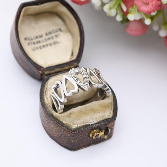 Vintage Sterling Silver Heart Band Ring - Openwork Cut-Out Hearts | Friendship | Love | Clear Stones | UK Size - Q 1/2 | US Size - 8 1/2
