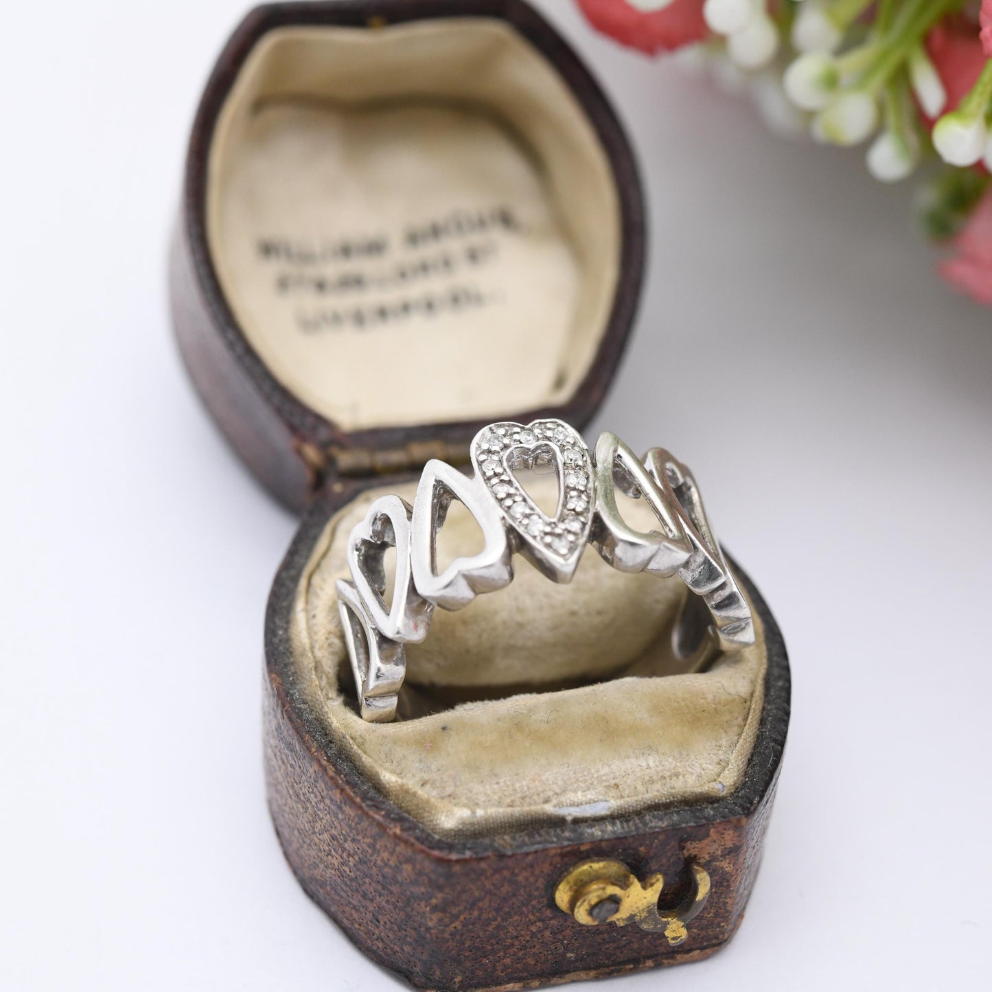 Vintage Sterling Silver Heart Band Ring - Openwork Cut-Out Hearts | Friendship | Love | Clear Stones | UK Size - Q 1/2 | US Size - 8 1/2