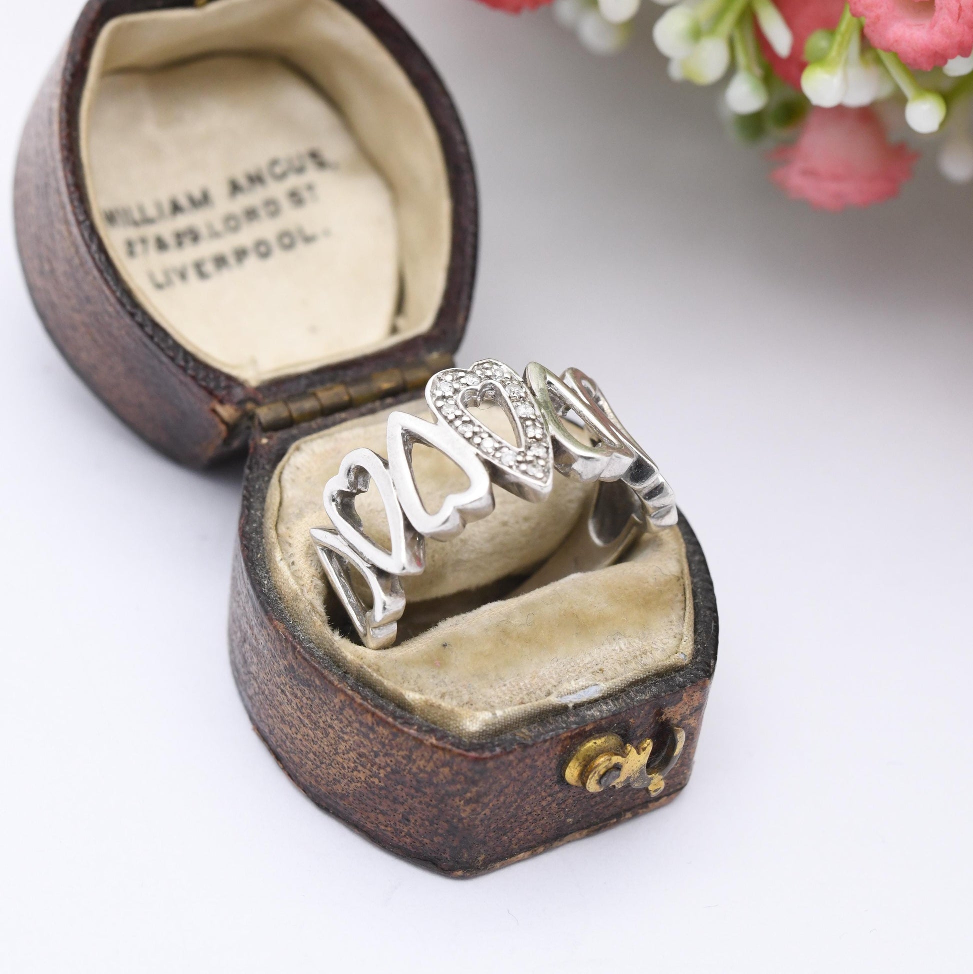 Vintage Sterling Silver Heart Band Ring - Openwork Cut-Out Hearts | Friendship | Love | Clear Stones | UK Size - Q 1/2 | US Size - 8 1/2