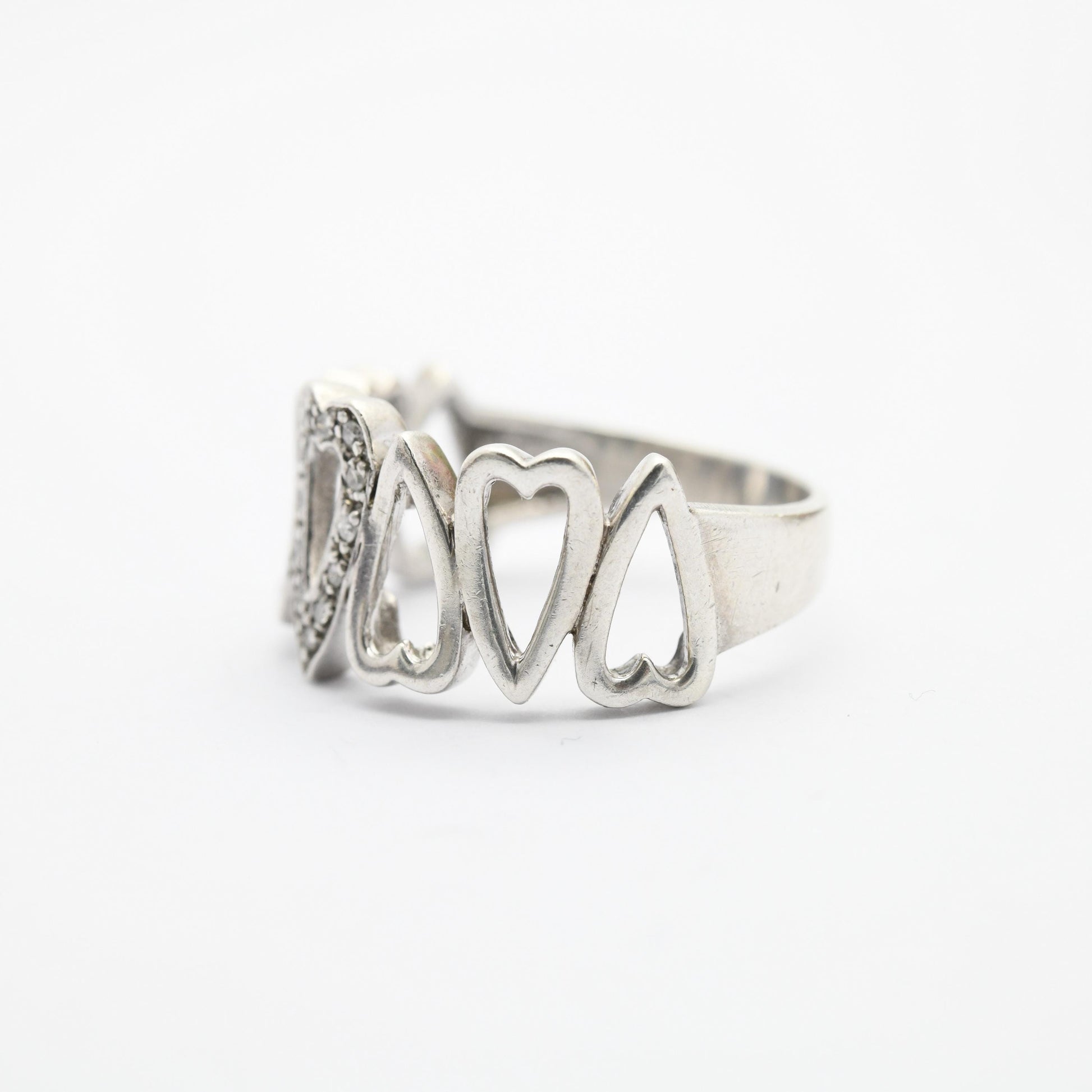 Vintage Sterling Silver Heart Band Ring - Openwork Cut-Out Hearts | Friendship | Love | Clear Stones | UK Size - Q 1/2 | US Size - 8 1/2