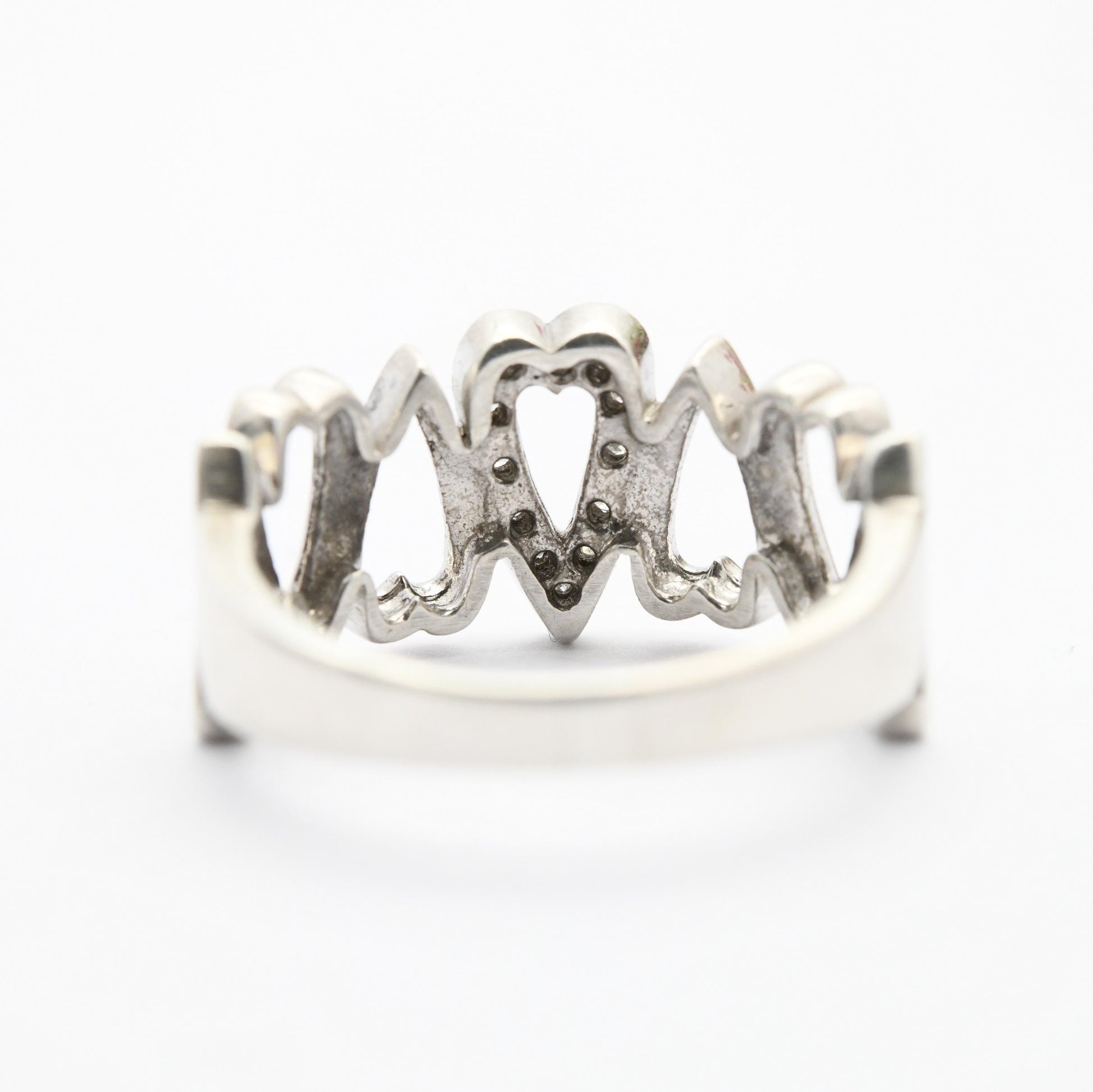 Vintage Sterling Silver Heart Band Ring - Openwork Cut-Out Hearts | Friendship | Love | Clear Stones | UK Size - Q 1/2 | US Size - 8 1/2