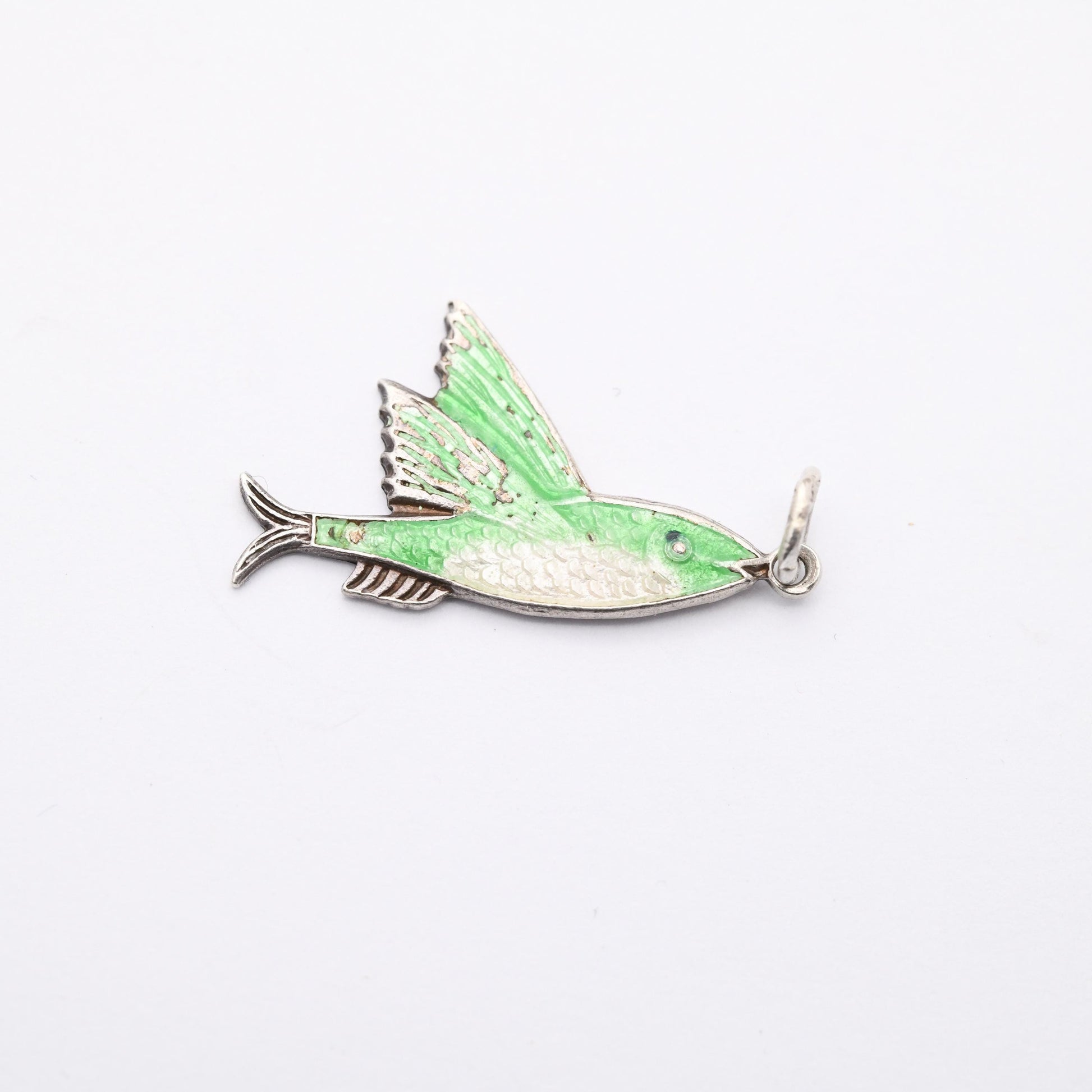 Vintage TLM Sterling Silver Green Enamel Flying Fish Souvenir Charm Pendant - 1950 | Animal | Fish | Gift for Charm Bracelet